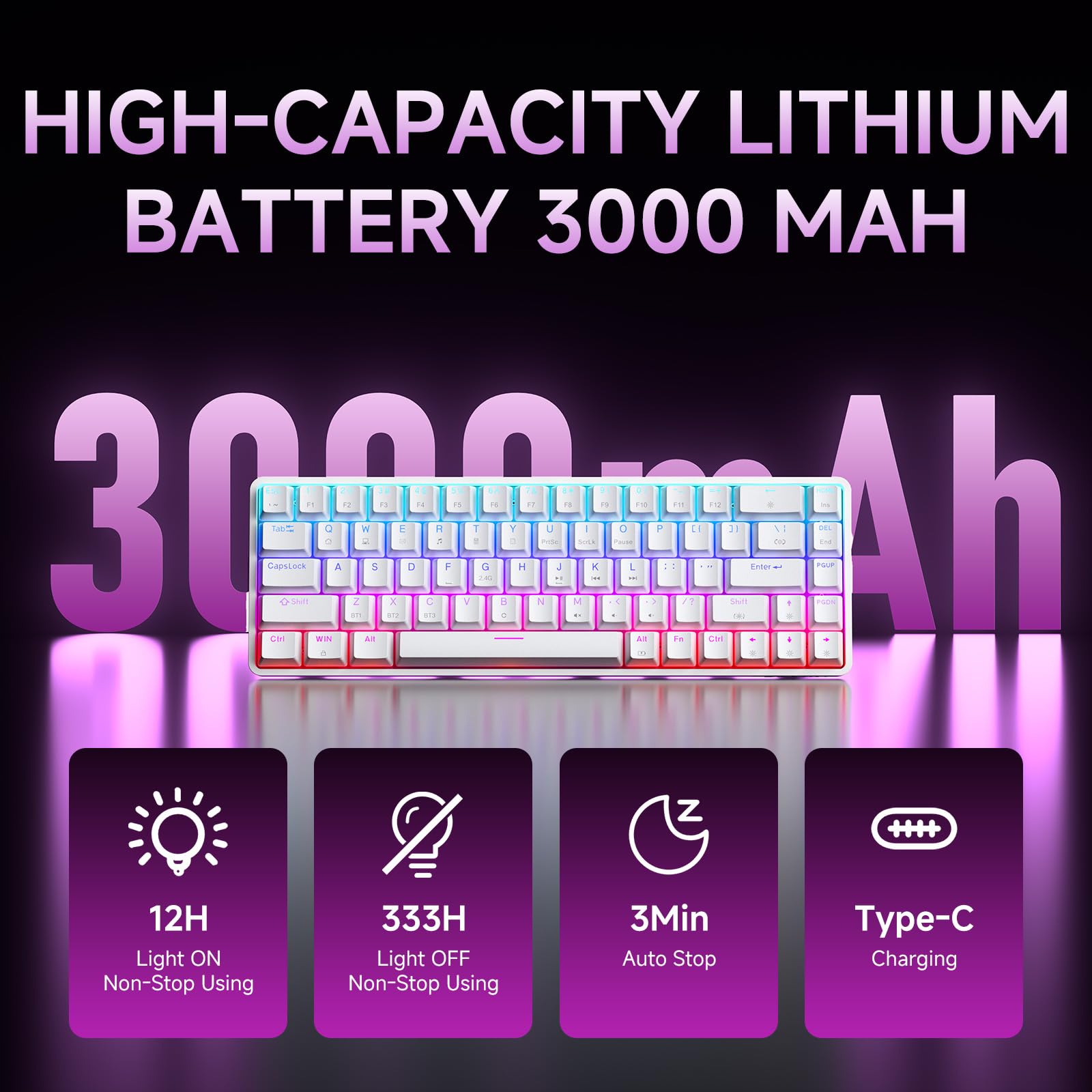 Dierya DK68 Teclado Mecánico Gaming Inalámbrico,60% Layout Compacto 68 Teclas con Triple Modo-Bluetooth/2.4G/Type-C,Red Switch Gamer Mechanical RGB Keyboard para PC/Win/Mac,QWERTY,Blanco