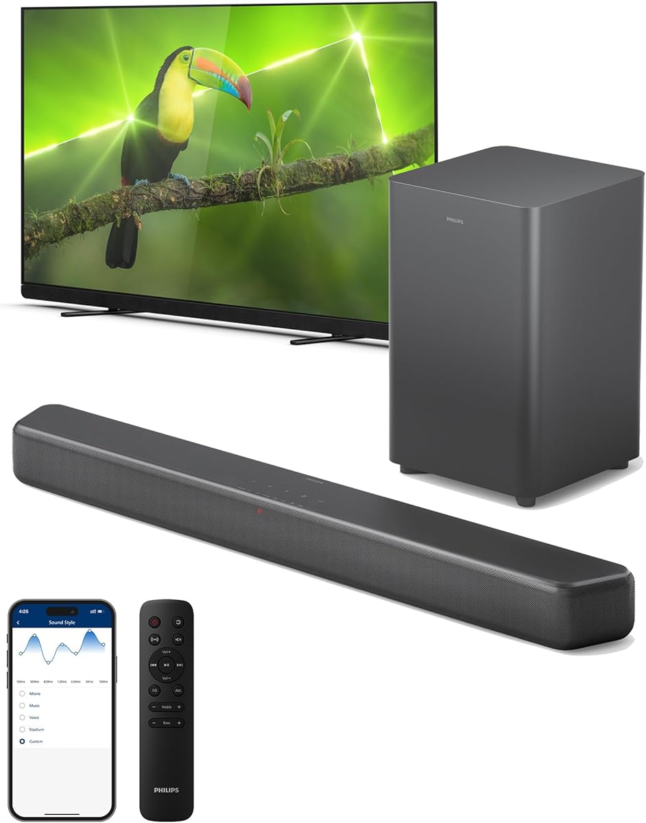 PHILIPS B5309 Soundbar 2.1 with Wireless Subwoofer and Immersive DTS Virtual:X Audio Technology - 240W Max Power, Deep Bass, Bluetooth 5.4, Four EQ Modes, HDMI ARC and USB connectivity - Dark Grey : Electronics