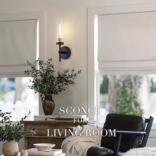 Miniatura 8 de Juego de 2 apliques de pared cableados negros y dorados, modernos apliques de tocador de baño con pantalla de vidrio transparente, luces de montaje