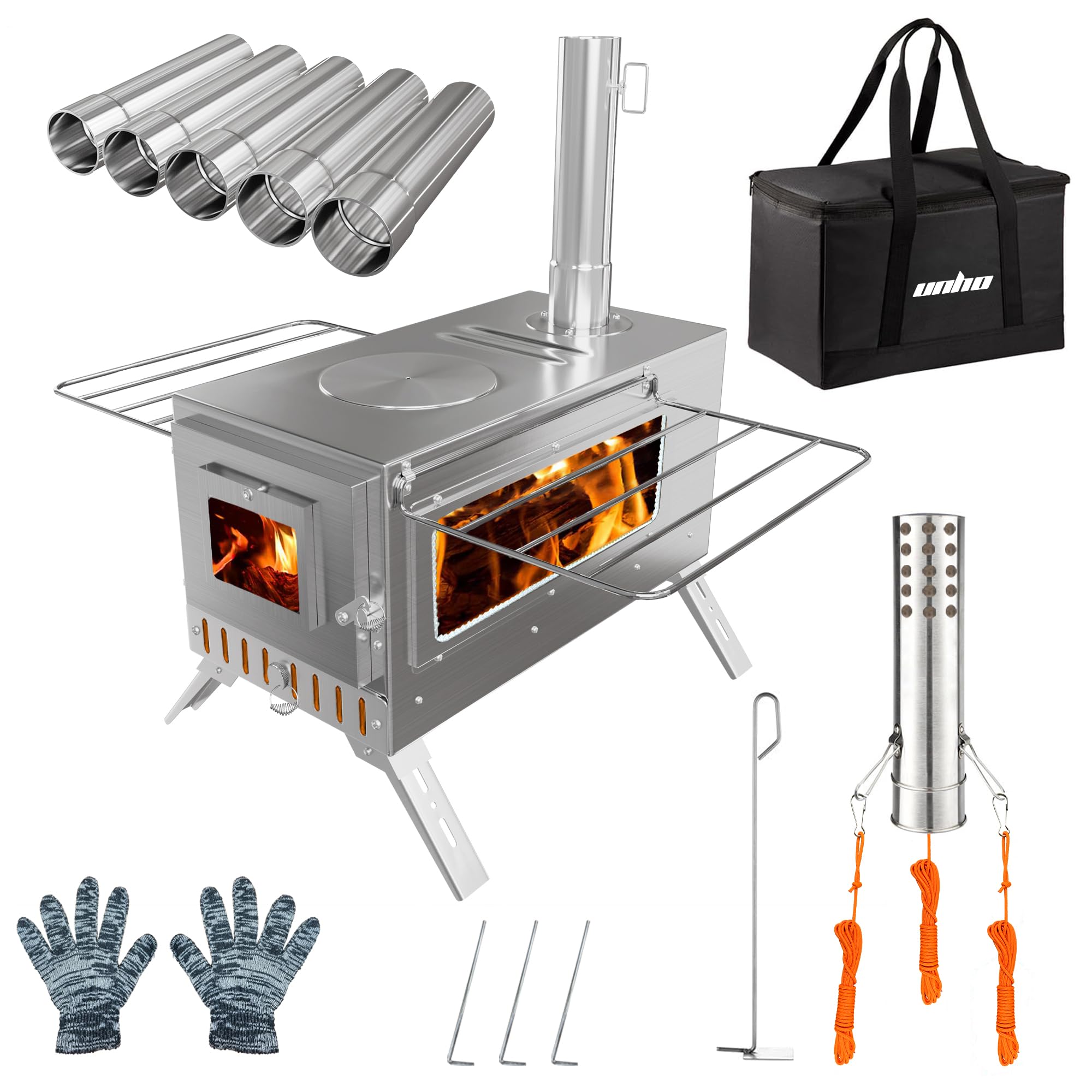UNHO Camping Tent Stove: Portable Wood Burning Stove Stainless Steel Outdoor Cooking Heater Log Burner with 7 Chimney Pipes for Tent Shelter Garden Silver