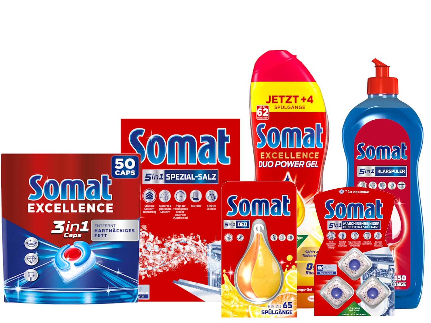 Komplett-Set für strahlendes Geschirr und gepflegte Maschine: SOMAT 3in1 Caps, Duo Power Gel, Spezial-Salz, Klarspüler, Maschinenreiniger & Deo – kraftvoll, Kalkschutz, Glanz und Frische in einem