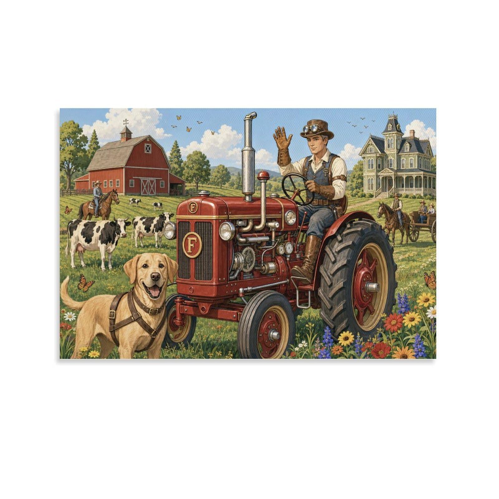 ASDFGHJKLZA Red Tractor Farm Harvest Canvas Prints Modern HD Wall Art Aesthetic Poster Decor for Living Room, Bedroom, Office, Home Decorations, Gift 24x36inch(60x90cm)