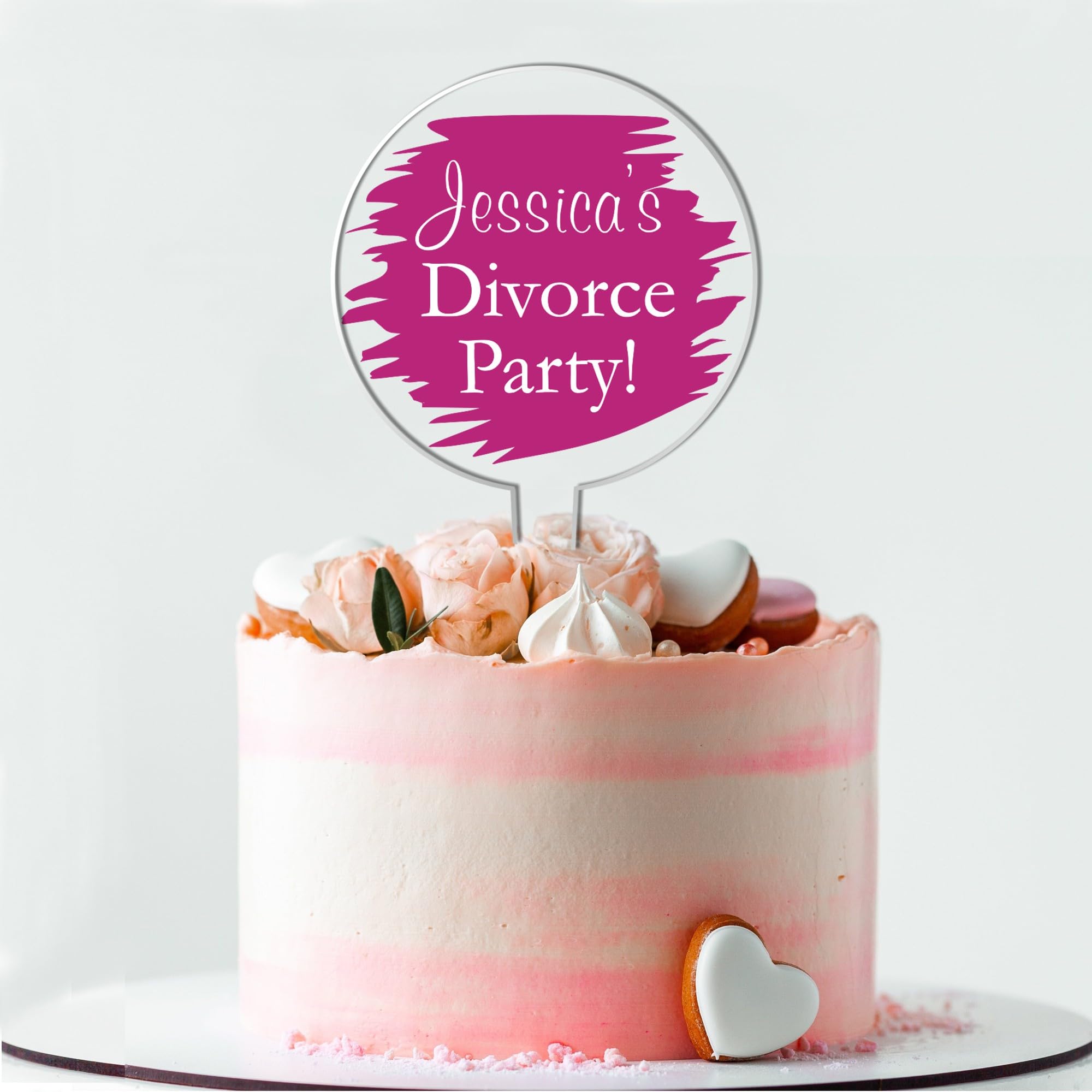 Personalised Acrylic Cake Topper for Divorce Parties – Custom Name with Funny "Divorce Party! Wording" Theme in 6 Colours (Pink)