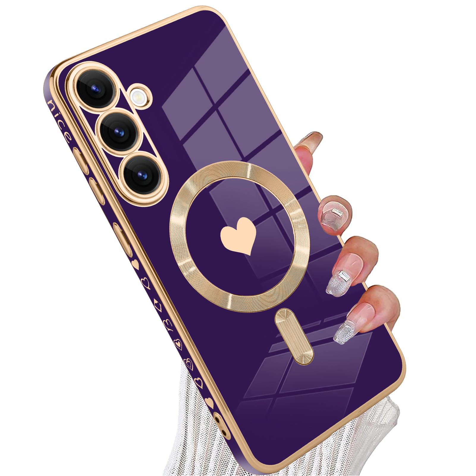 tharlet Magnetic for Samsung Galaxy S25 Plus Case [Compatible with Magsafe] Cute Love Heart Luxury Plating Gold Edge Bumper with Full Camera Lens with