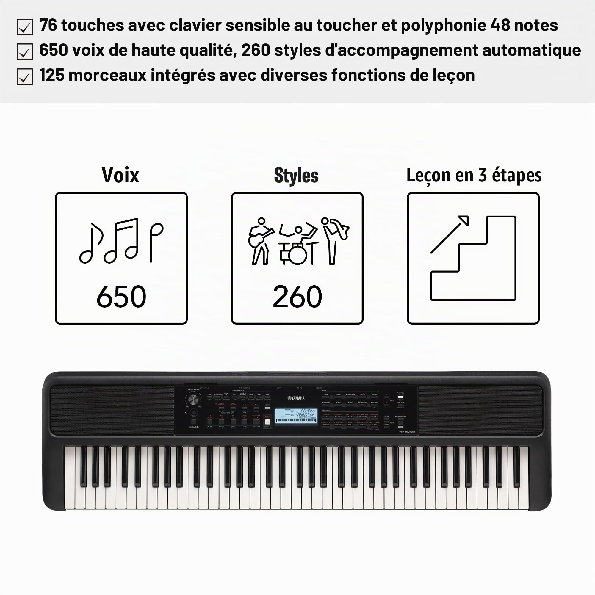 Yamaha PSR-EW320 Clavier portable pour débutants, 650 voix d'instruments authentiques et 76 touches tactiles avec une polyphonie de 48 notes