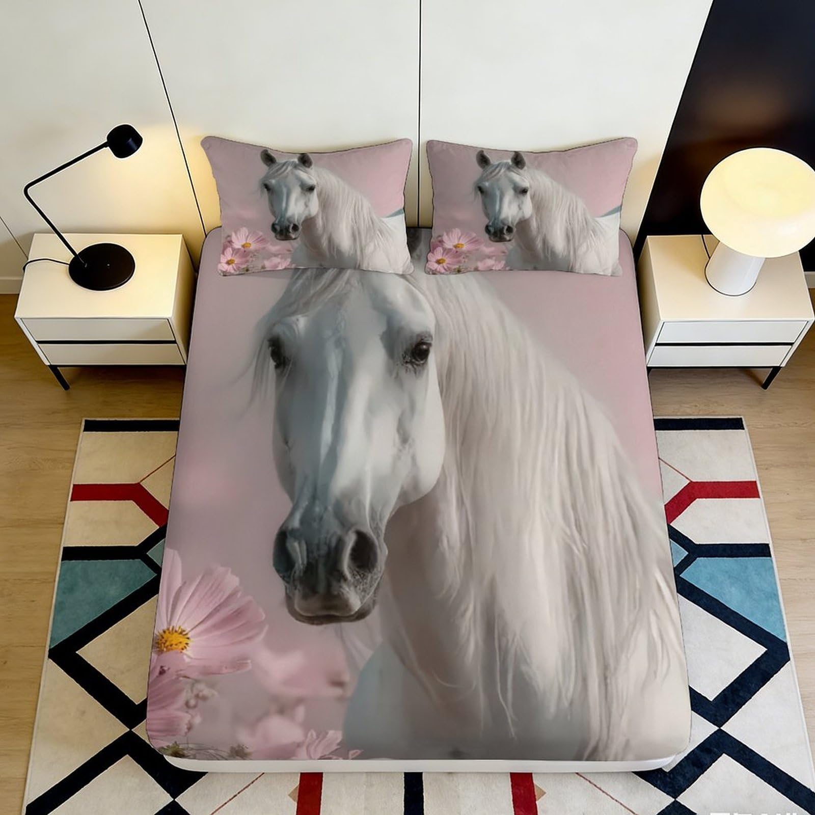 Decorative White Horse Fitted Sheet 3D Printed Soft Touch Microfiber Bed Cover for Bedroom, Wrinkle Resistant Apartment Bedding 90x200x25cm