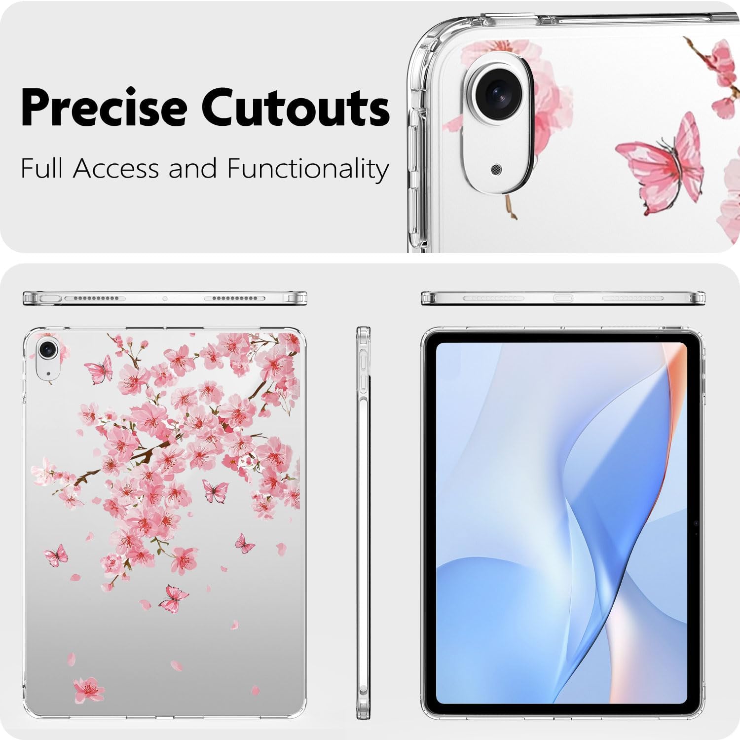 Clear Case for iPad 10th Generation 2022 10.9"/ iPad (A16) 11th Gen 2025 11" Cherry Blossom Cute Floral Butterfly Design Slim Transparent Protective Tablet Cover Shockproof Hard Shell