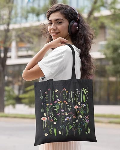 Miniatura 6 de AUSVKAI Bolsa de lona estética para mujer, lindas bolsas de algodón reutilizables de tela para compras, playa, comestibles, Flores silvestres
