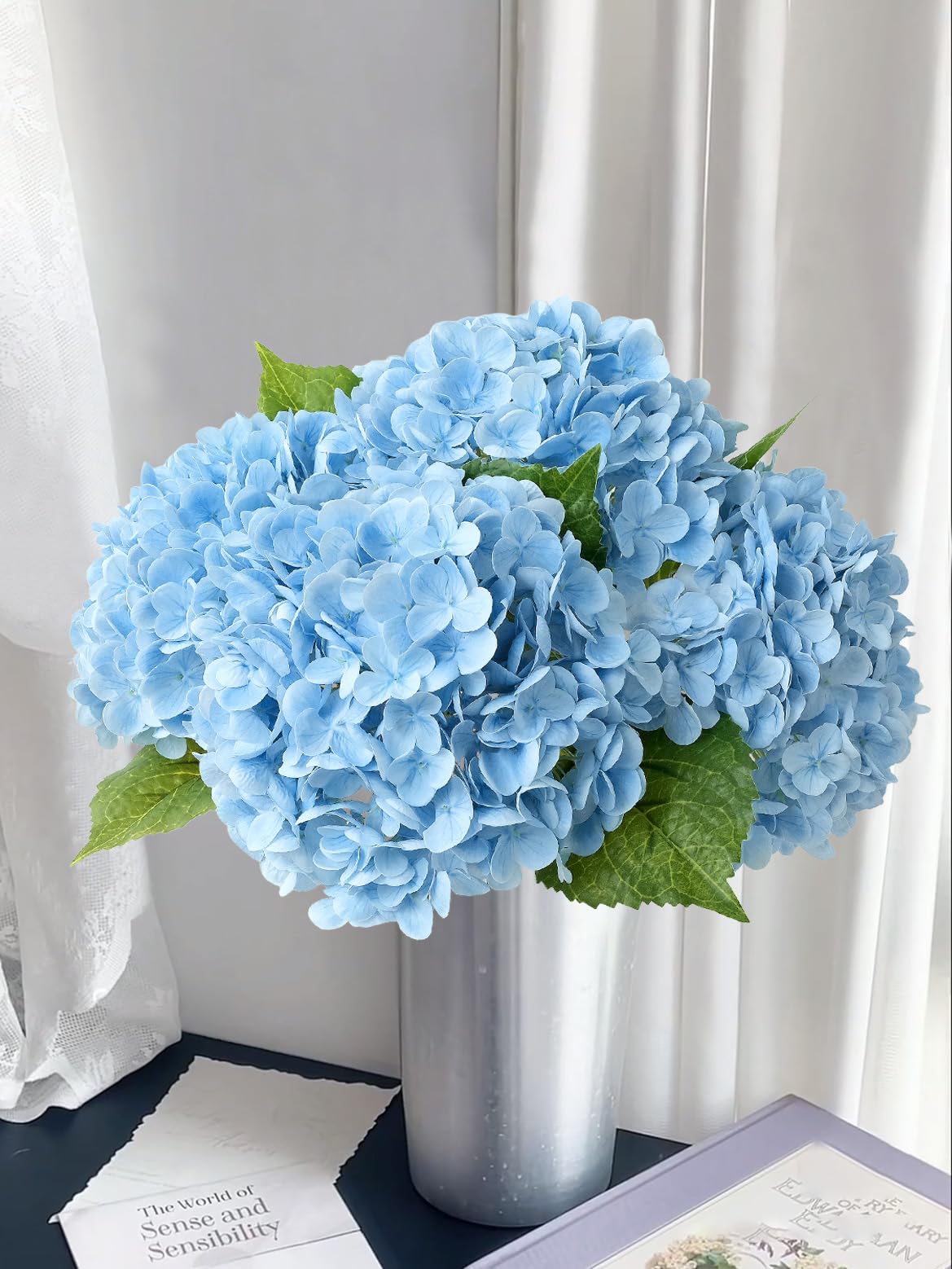 SUMTIPHUN 3 Pcs Light Blue Real Touch Hydrangeas Artificial Flowers 21'' Long Stem Faux Latex Hydrangea for Kitchen Porch Living Room Spring Home