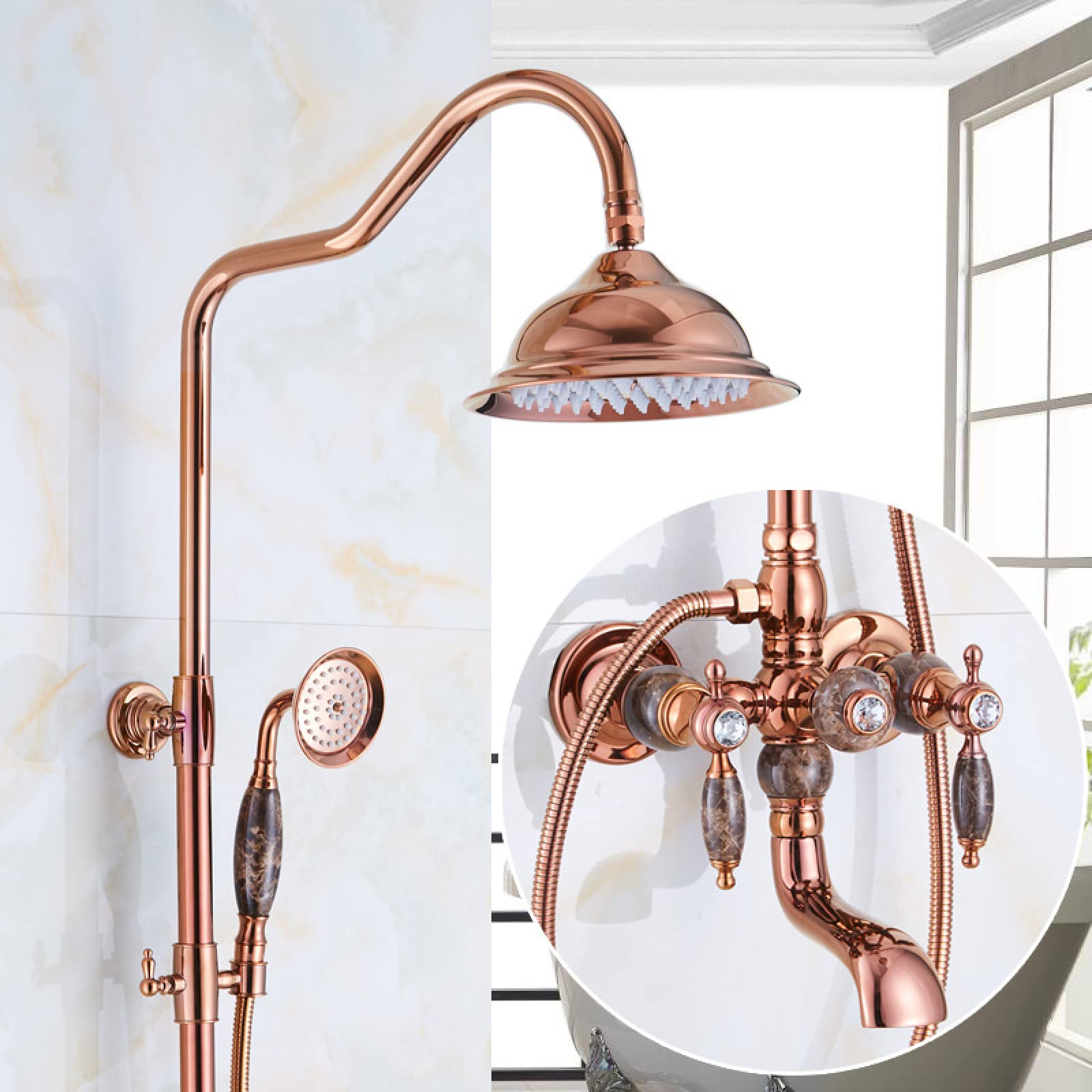 OZBMA All Copper Natural Jade Rose Gold Shower Set Antique Vintage Hot and Cold Water Faucet, Model (Rose Gold Black Jade)