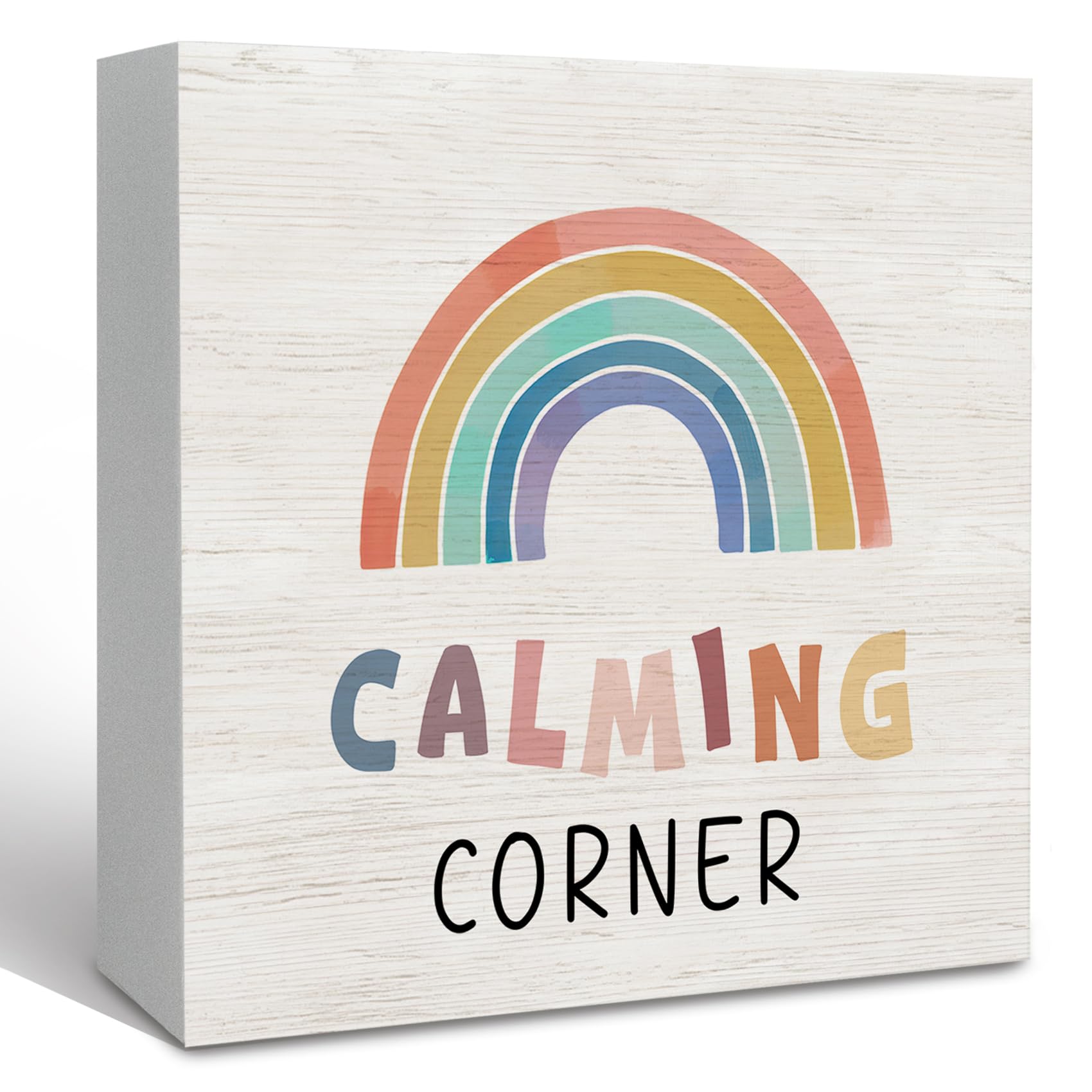 KFXHANGD Calming Corner Classroom Wooden Box Sign Desk Decor, Boho Rainbow Reading Corner Decorative Signs for Girls Boys Classroom Playroom, Mental