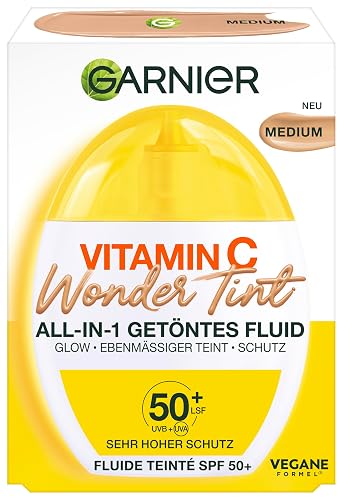 Garnier Vitamin C Wonder Tint All-In-1 Getöntes Fluid Medium – Getönte Tagespflege mit LSF 50+ für Glow & Ebenmäßigkeit – Skin Tint mit 5% Glycerin, Niacinamid & Vitamin C gegen dunkle Flecken – 40ml
