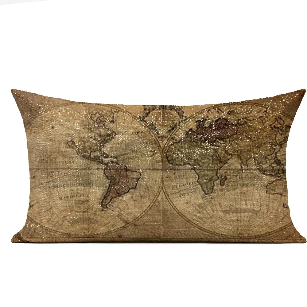 FaceYee World Map Linen Throw Pillow Cover - 12x20 Inches, Double Sided, Hidden Zipper