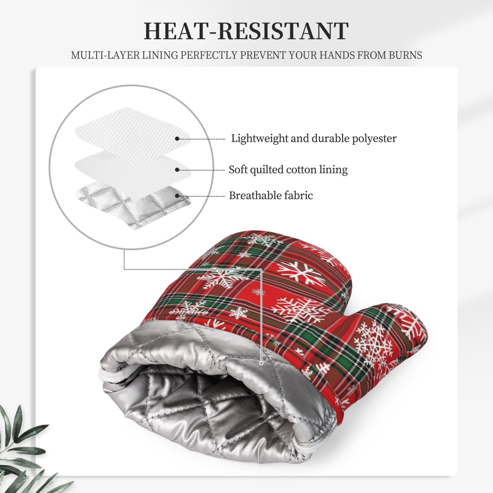 Ofenhandschuhe und Topflappen-Set, weihnachtliche Schneeflocke, 4 Stück, rot und grün kariert, Silikon-Ofenhandschuh für Küche, hitzebeständig, Büffelkariert, Ofenhandschuhe und Topflappen