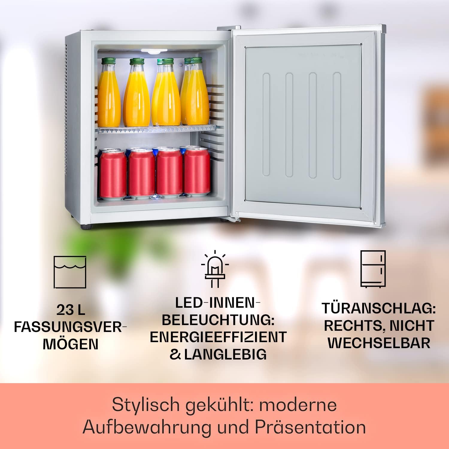 Klarstein Happy Hour – Mini bar, réfrigérateur à boissons, Compression, température de refroidissement : 5-15 °C, classe d'efficacité énergétique A, silencieux : 0 dB, lumière LED, 19 L, Argent