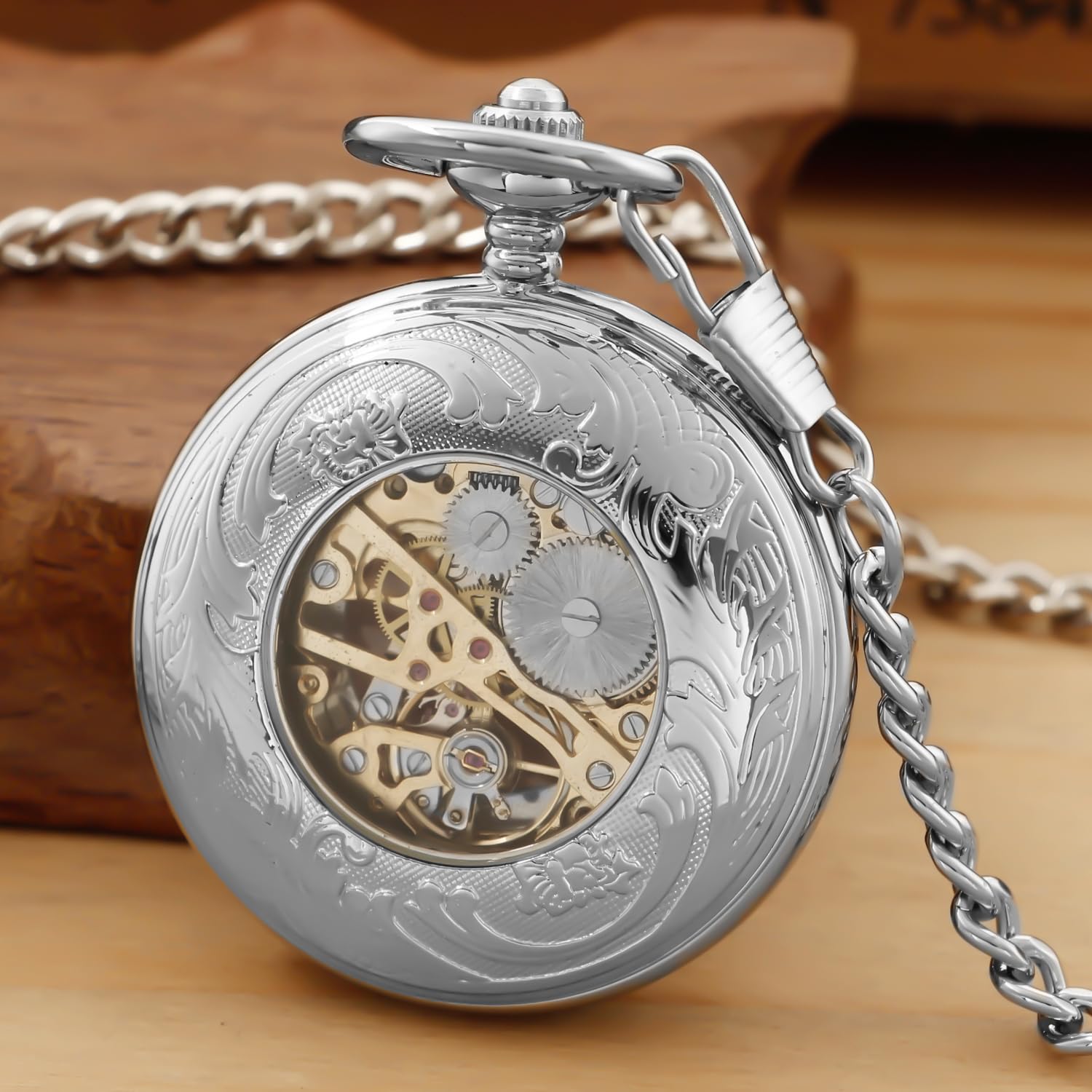 Orologio da tasca meccanico classico, in argento, con numeri romani, orologio da tasca in argento con scatola a catena, per uomo