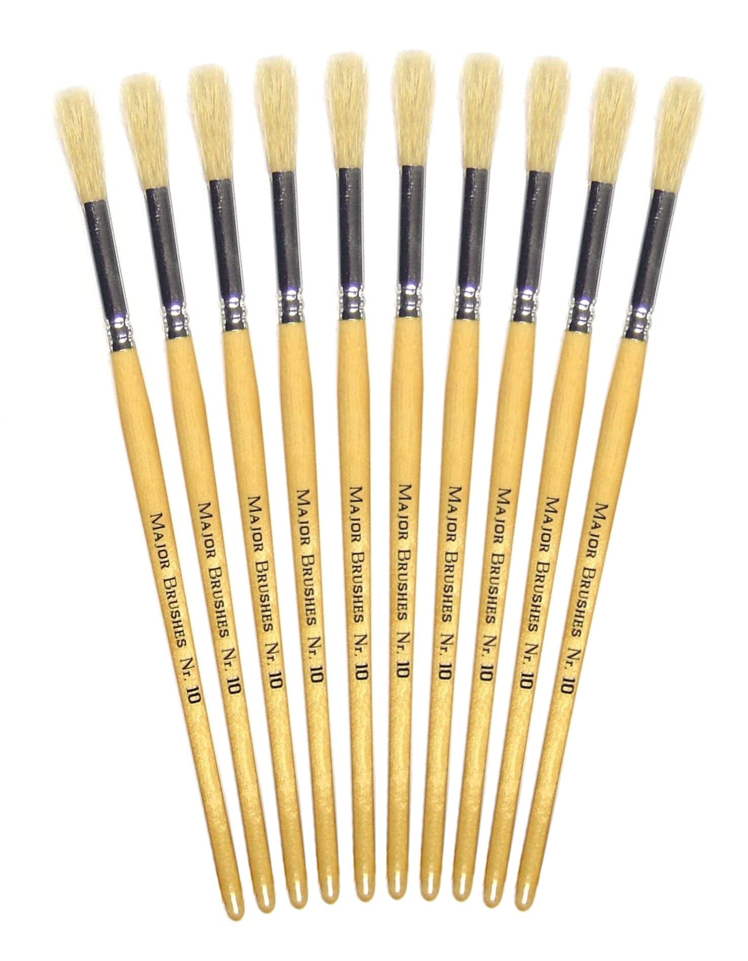 Major Brushes Hog Bristle Short Round Brushes Size 10 - Set of 10