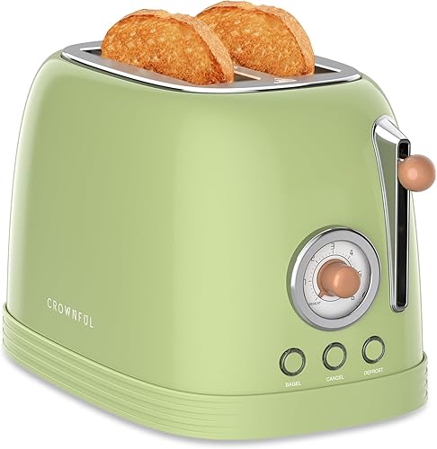 CROWNFUL Tostadora de 2 rebanadas, tostadora de ranuras extra anchas, acero inoxidable retro con bagel, cancelación, descongelación, función de