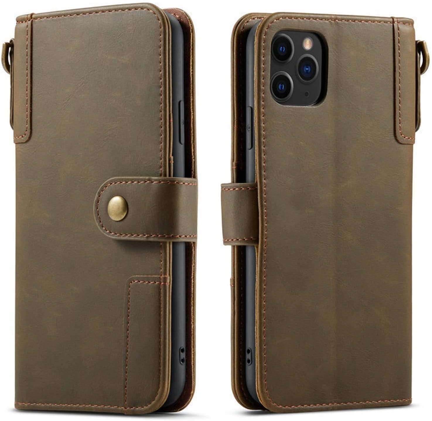 Étui portefeuille iPhone 13 Pro vert en cuir PU avec béquille de protection antichoc