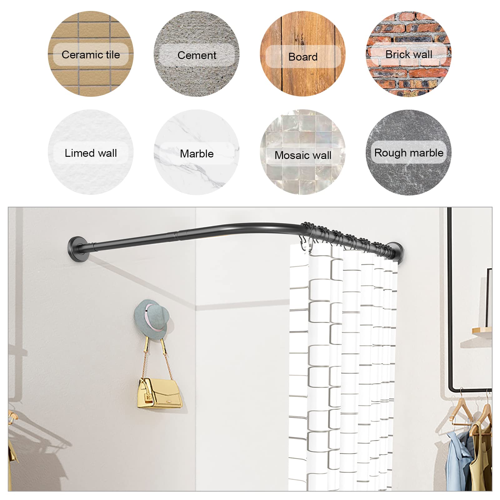 Asta Per Tenda Da Doccia A Forma Di L Regolabile, Asta Per Doccia in Acciaio Inox Inclusi 18 Anelli Richiede Foratura e Non Richiede Staffe A Soffitto, Per Spogliatoio e Bagno (70-100×70-100 cm, Nero)
