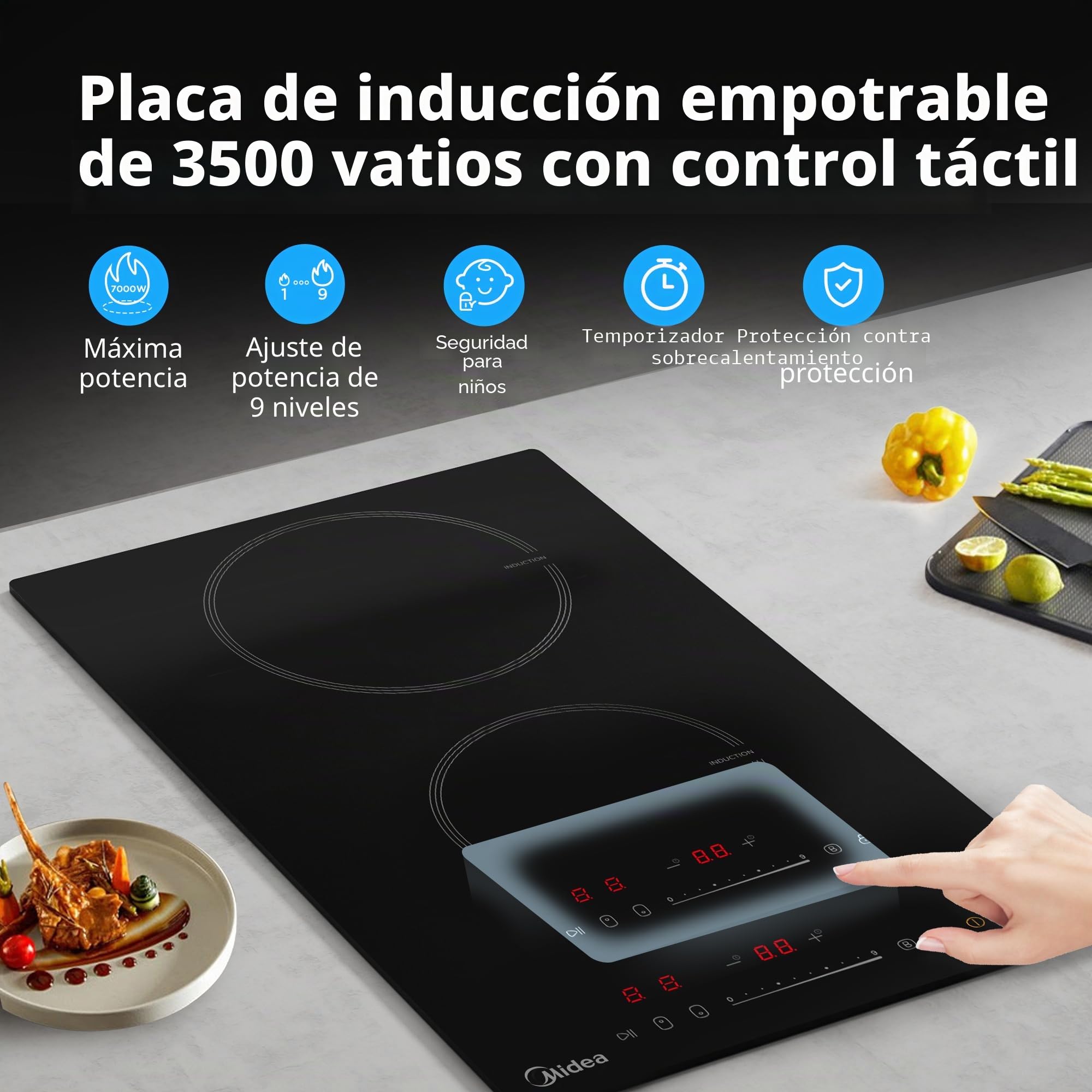 Midea Placa de inducción con 2 zonas de cocción. Placa de cerámica empotrada, cableado, control táctil, apagado automático, protección para niños