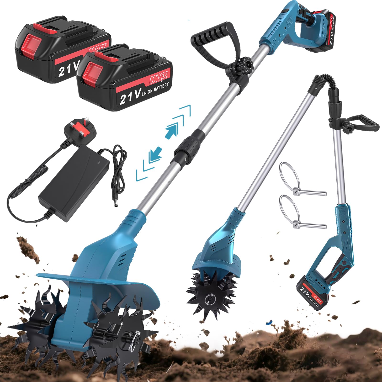 Cordless Tiller,21V Electric Tiller with 2 Battery,Foldable Soil Turner with Adjustable Handle,Garden Soil Cultivator Rotavator,20cm Working Width, 16cm Depth,for Soil Cultivation Lawns Gardening