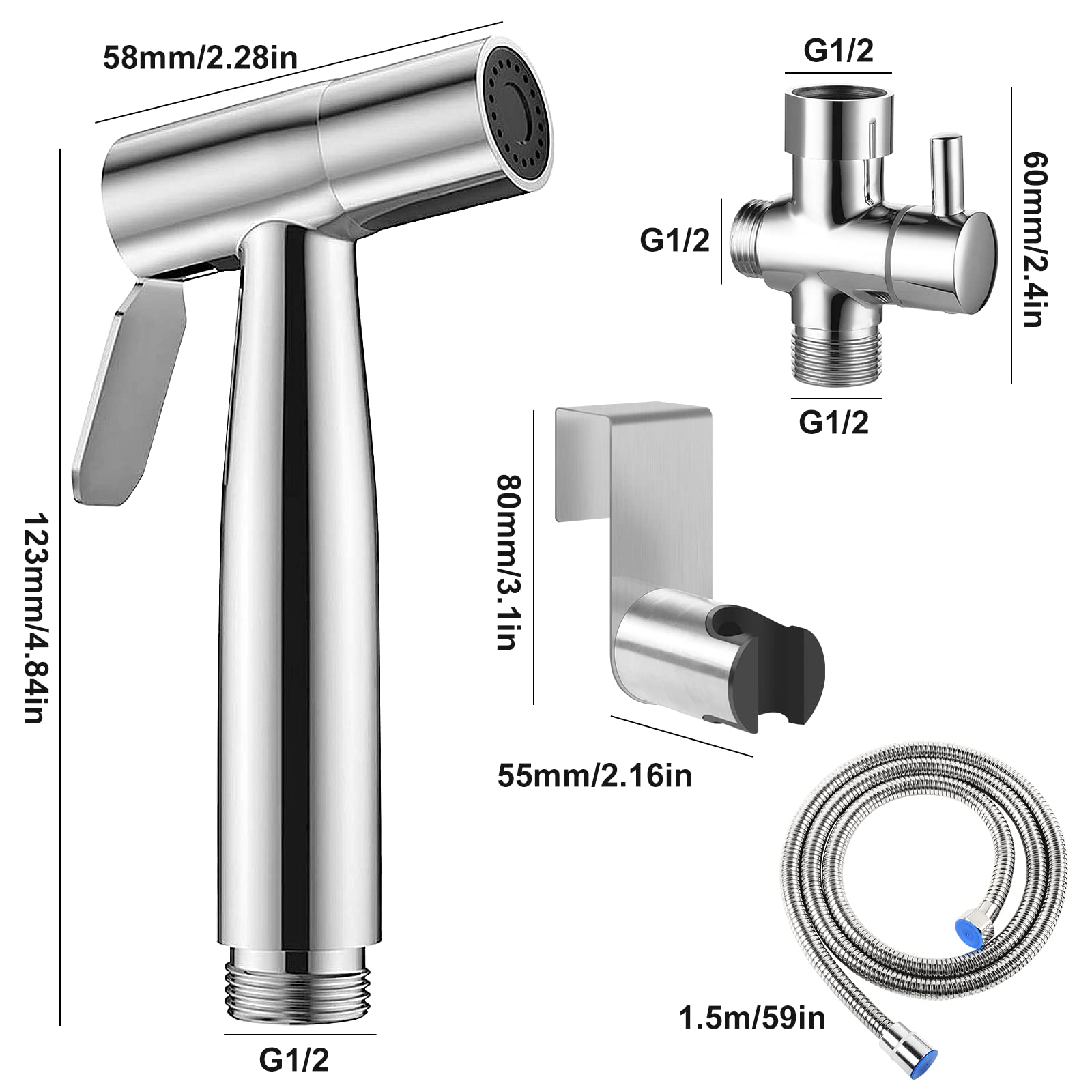Stainless Steel Bidet Sprayer, Handheld Toilet Bathroom Shattaf Shower - Cleaning & Personal Hygiene, Silver - Image 2