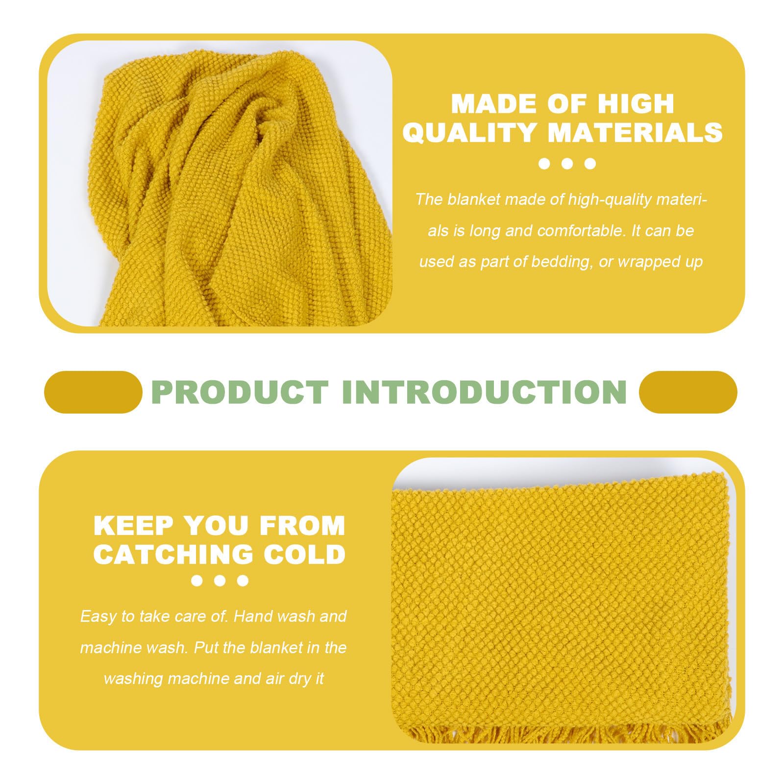 SHINEOFI Couverture de Canapé Plaid Tricot Jaune en Fibres Acryliques, Motif Quadrillage Ananas, Pompons 10cm, Lavable en Machine, Maison en Hiver