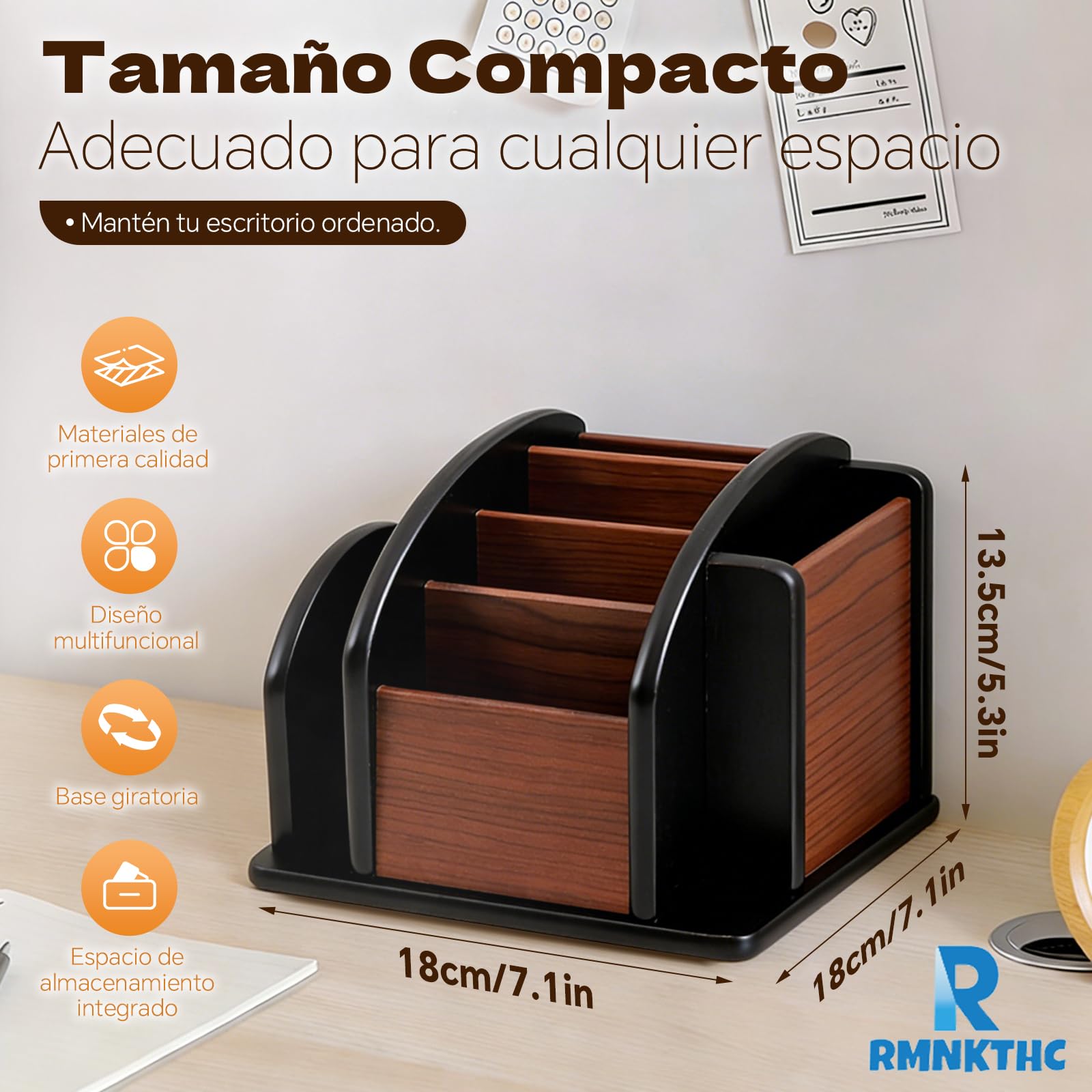 Organizador de Escritorio de Madera Giratorio con 6 Compartimentos – Portalápices Multifuncional para Objetos Pequeños, Soporte para Mandos a Distancia, para Oficina Escuela Hogar