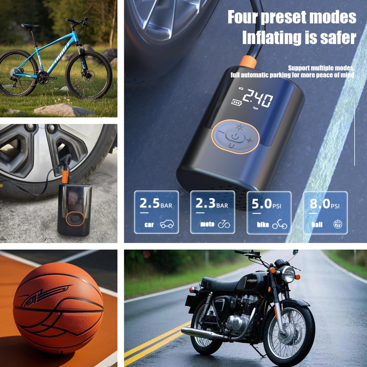 Compresseur d'air portable avec gonfleur de pneu de 150 PSI et manomètre intégré - Affichage numérique de la pression des pneus - Pompe à air pour véhicules, motos, pneus de vélo et équipements de