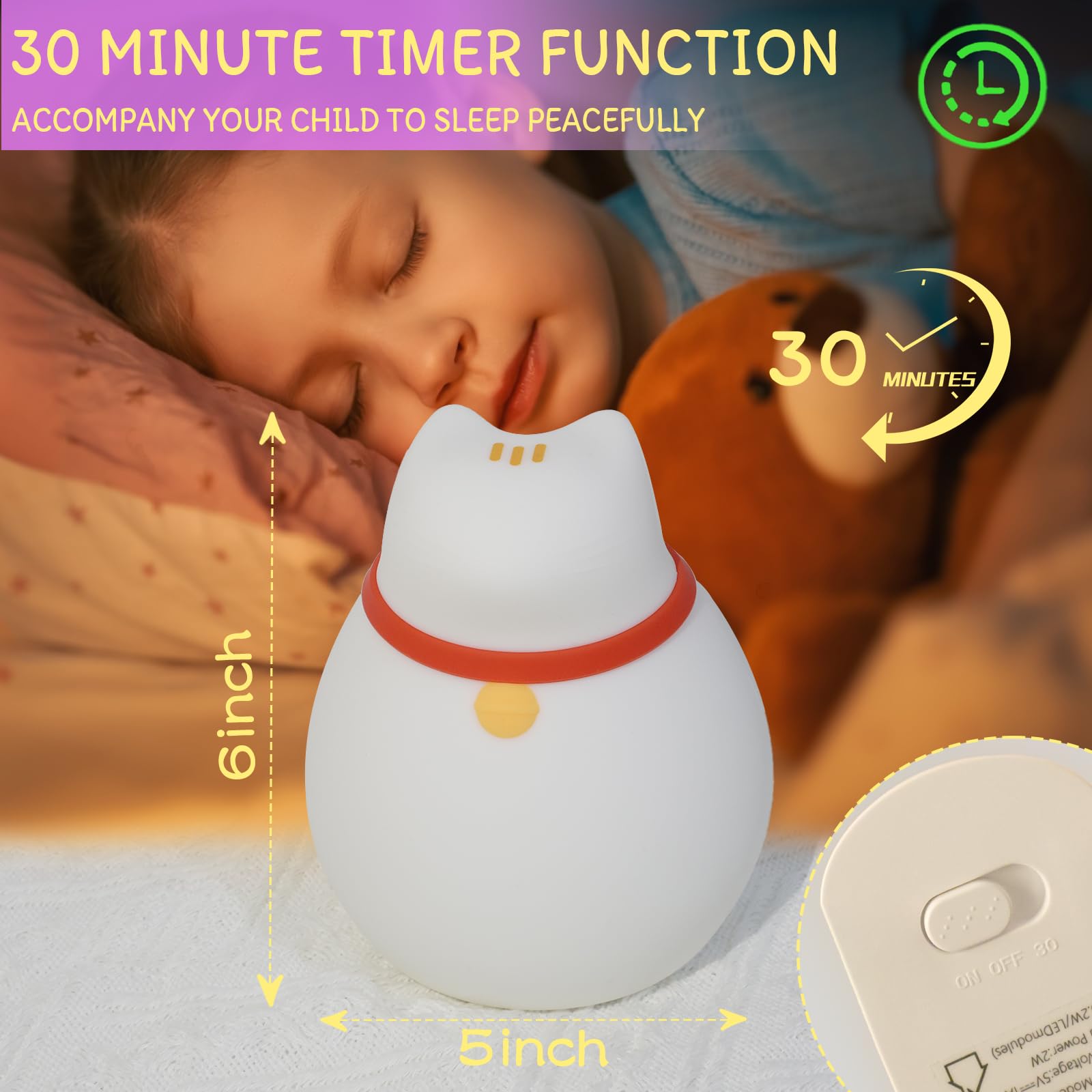 7-farbwechselndes Katzen-Nachtlicht, Silikon, wiederaufladbar, mit Timer und 3 Modi, Kinderzimmerlampe, Touch-Sensor (niedliches Tierdesign)