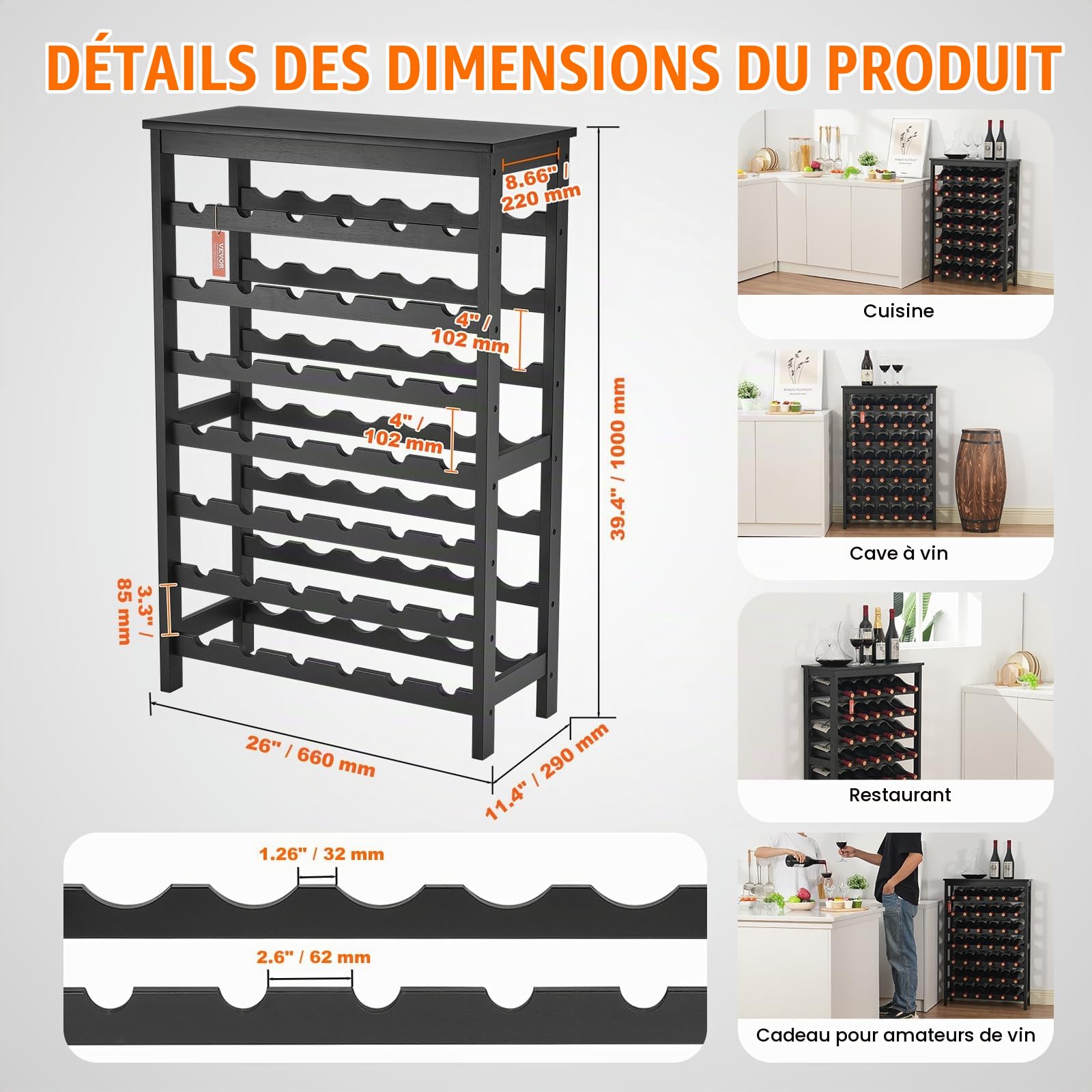 VEVOR Étagère à Bouteilles Modulaire 42 Bouteilles, Casier à Vin Empilable 7 Niveaux, Range Bouteilles en Bambou Massif avec Comptoir, Rangement Présentation de Vin pour Cuisine Garde-Manger Cave Bar