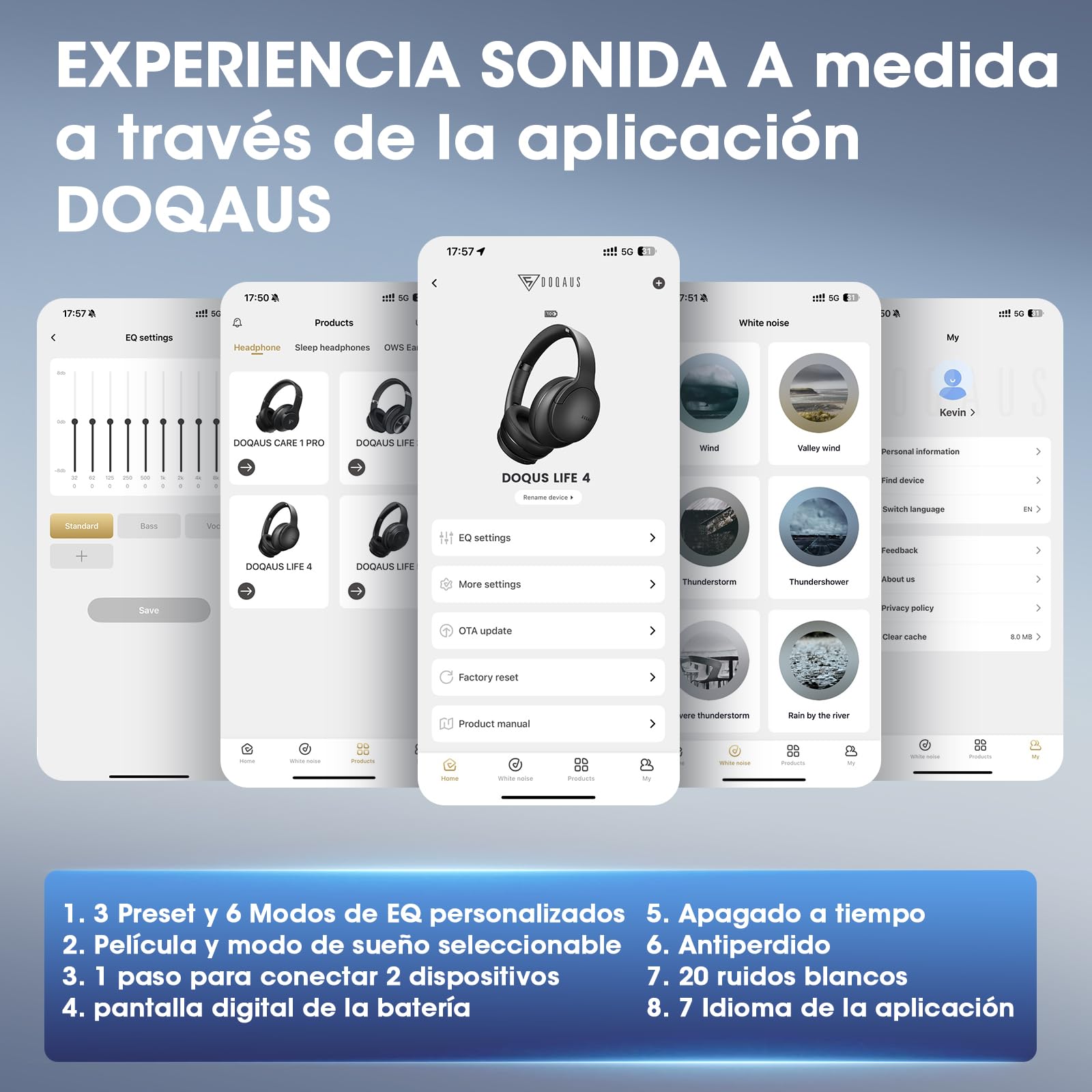 DOQAUS Auriculares Inalámbricos Bluetooth Diadema, Cascos Inalámbricos Bluetooth con 90 Horas de Batería, App con 9 Modos EQ, Bluetooth 5.4, Sonido HiFi, Plegables con Micrófono, Negro