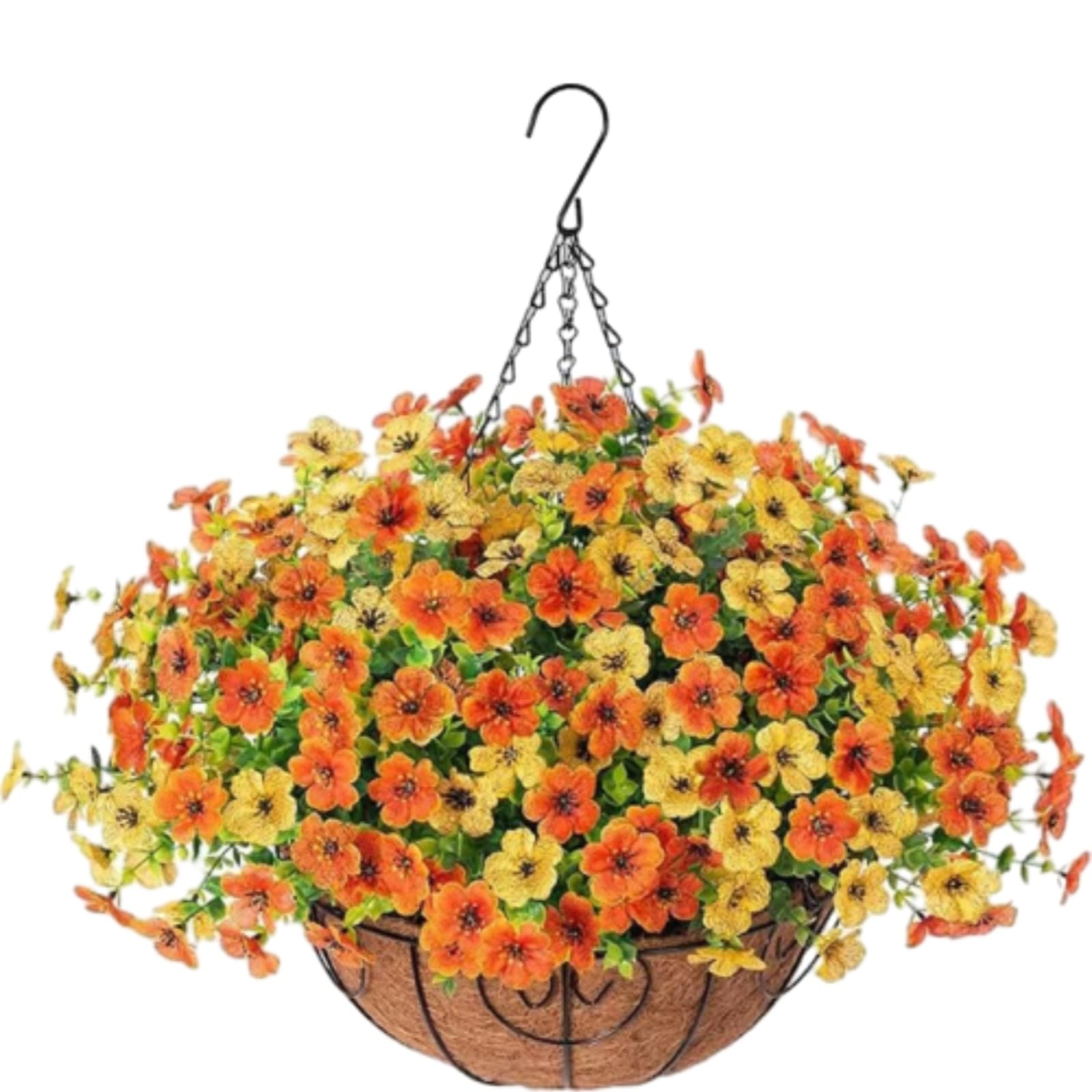 Jorcedi Orange/Yellow/Red Simulated Hanging Flower Basket Artificial Hanging Basket With Flowers Chain Hanging Basket Bracket For Home Outdoors Garden Patio Porch (I)