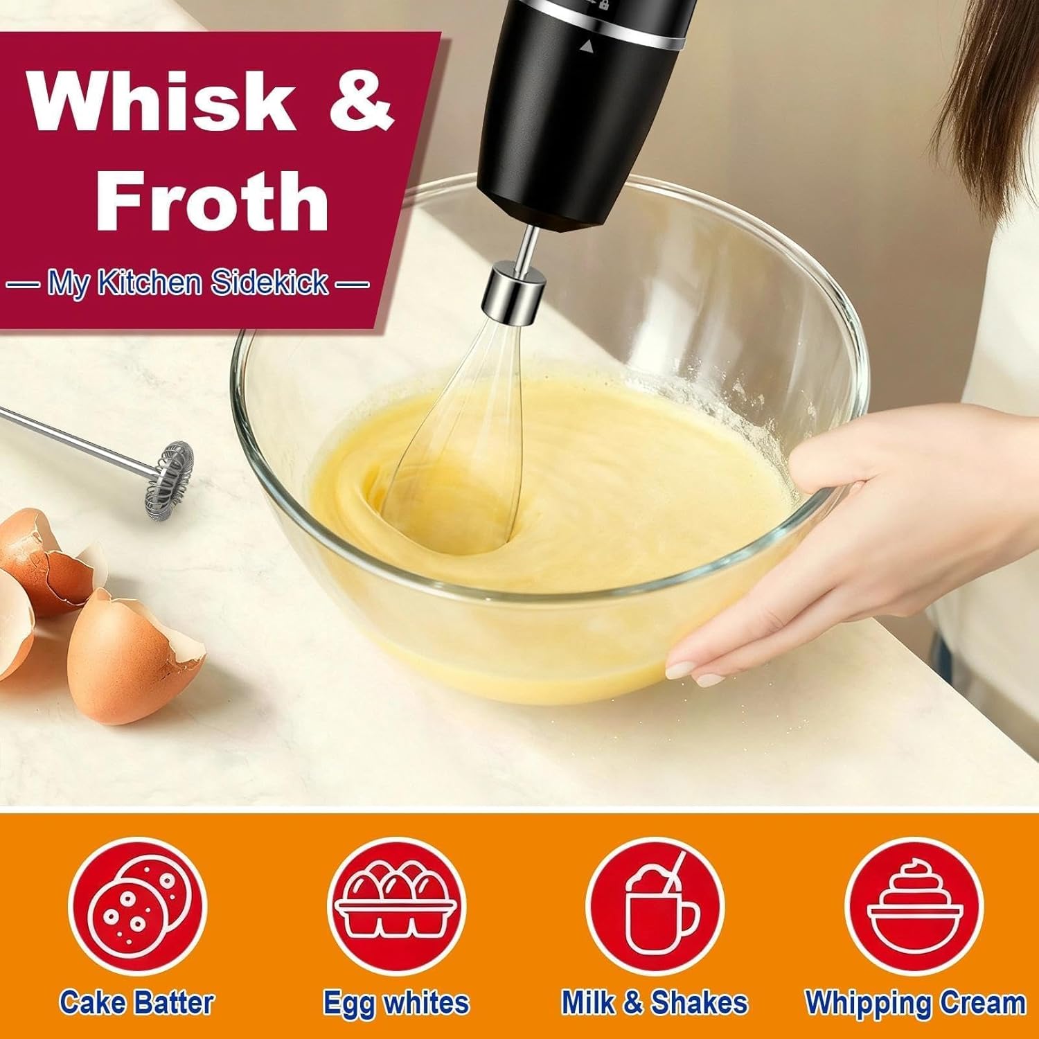 Upgraded 1100W 5-in-1 Immersion Hand Blender – 20 Variable Speeds, Up to 15,500 RPM, Handheld with Milk Frother & Food Processor, Black