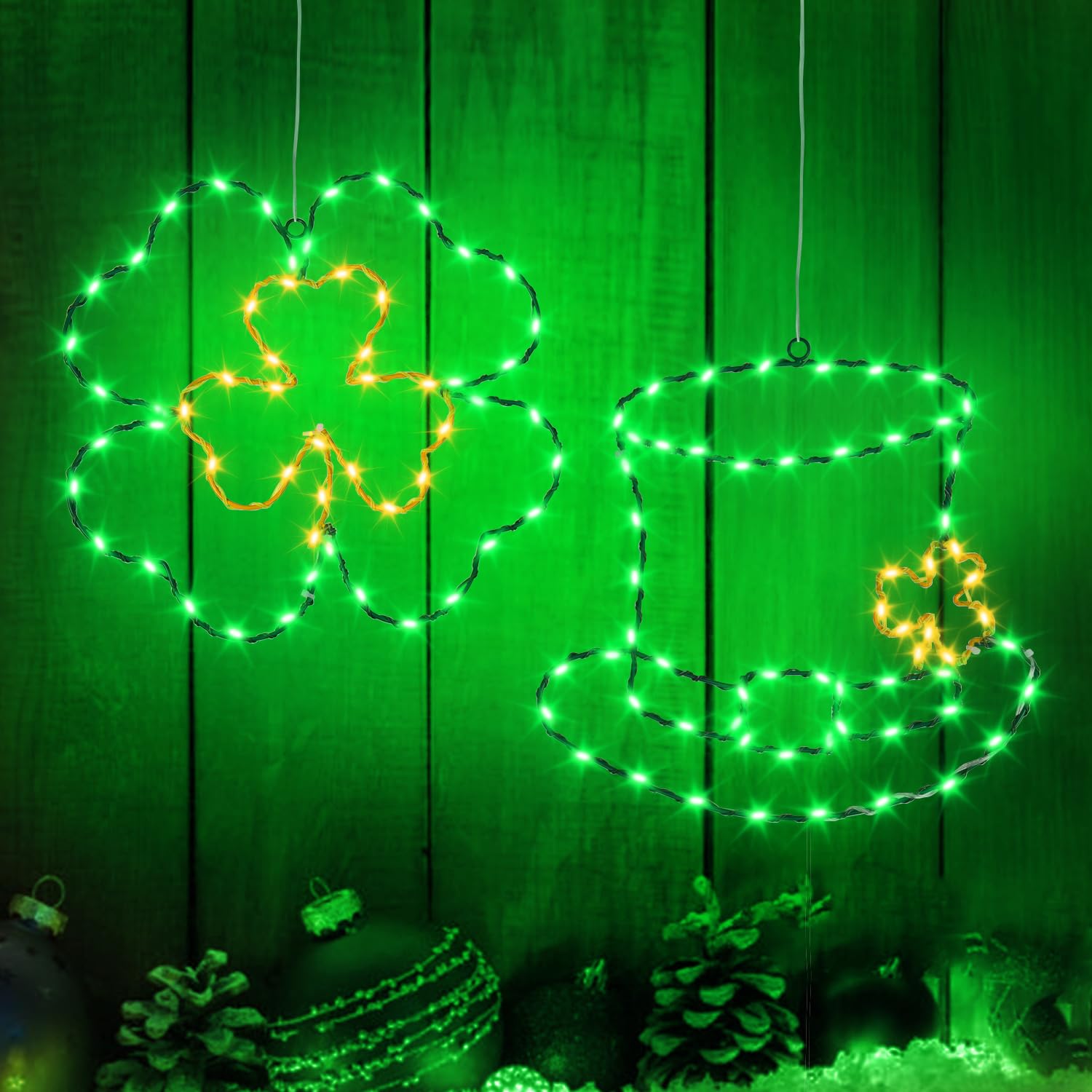2 Pack St. Patrick's Day Decorations Window Light, MVIIOE St. Patrick Day Accessories 13'' Irish Green Clover Shamrock & Hat Shaped 8 Lighting Modes, Timer Setting & Remote Controller for Home Indoor