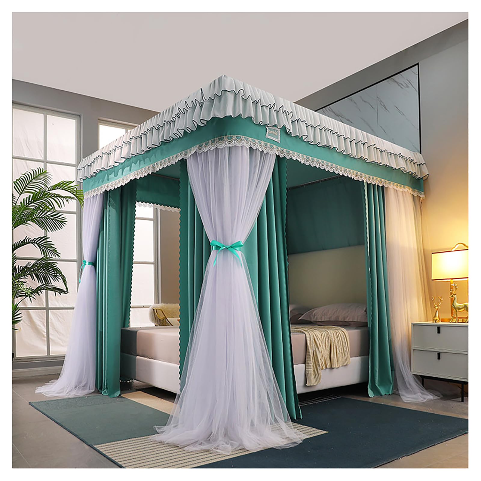 Canopy Bed Curtains, Mosquito Net for Bed 4 Poster Bed Canopy for Girls Princess Canopy Net Bedroom Bed Canopies & Drapes for Full/King/Queen Size Bed with Frame(Size:180×220×200cm,Color:Green)