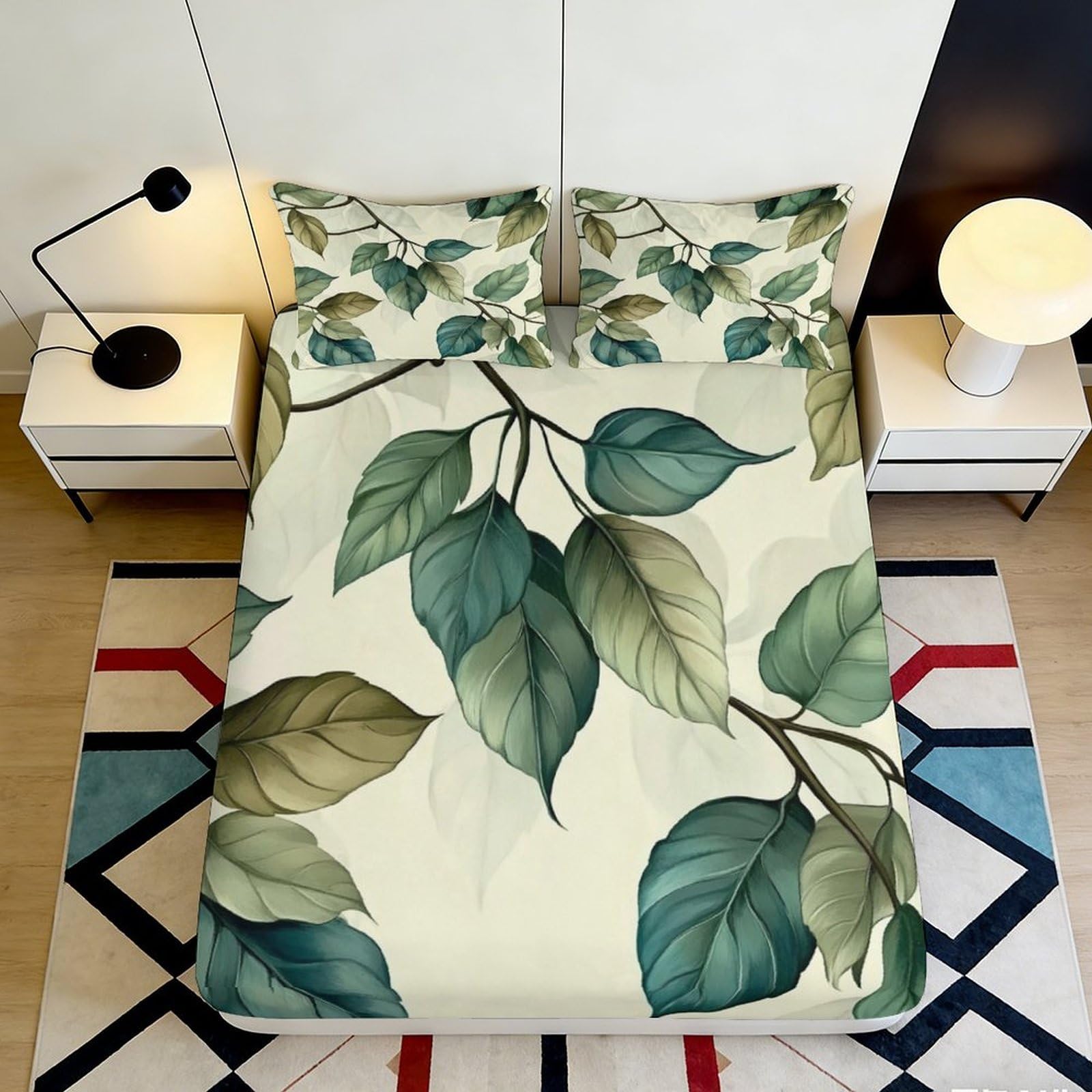 3D Printed Green Leaf Fitted Sheet Microfiber Soft Anti-Slip Botanical Branch Mattress Cover for Bedroom Dorm Guest Room 140x200x25cm