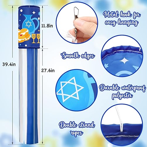 Miniatura 2 de Calcetines de viento de Hanukkah, 4 unidades, 39 pulgadas, banderas de manga de viento, diseño de Menorá Dreidel, decoración para colgar al aire