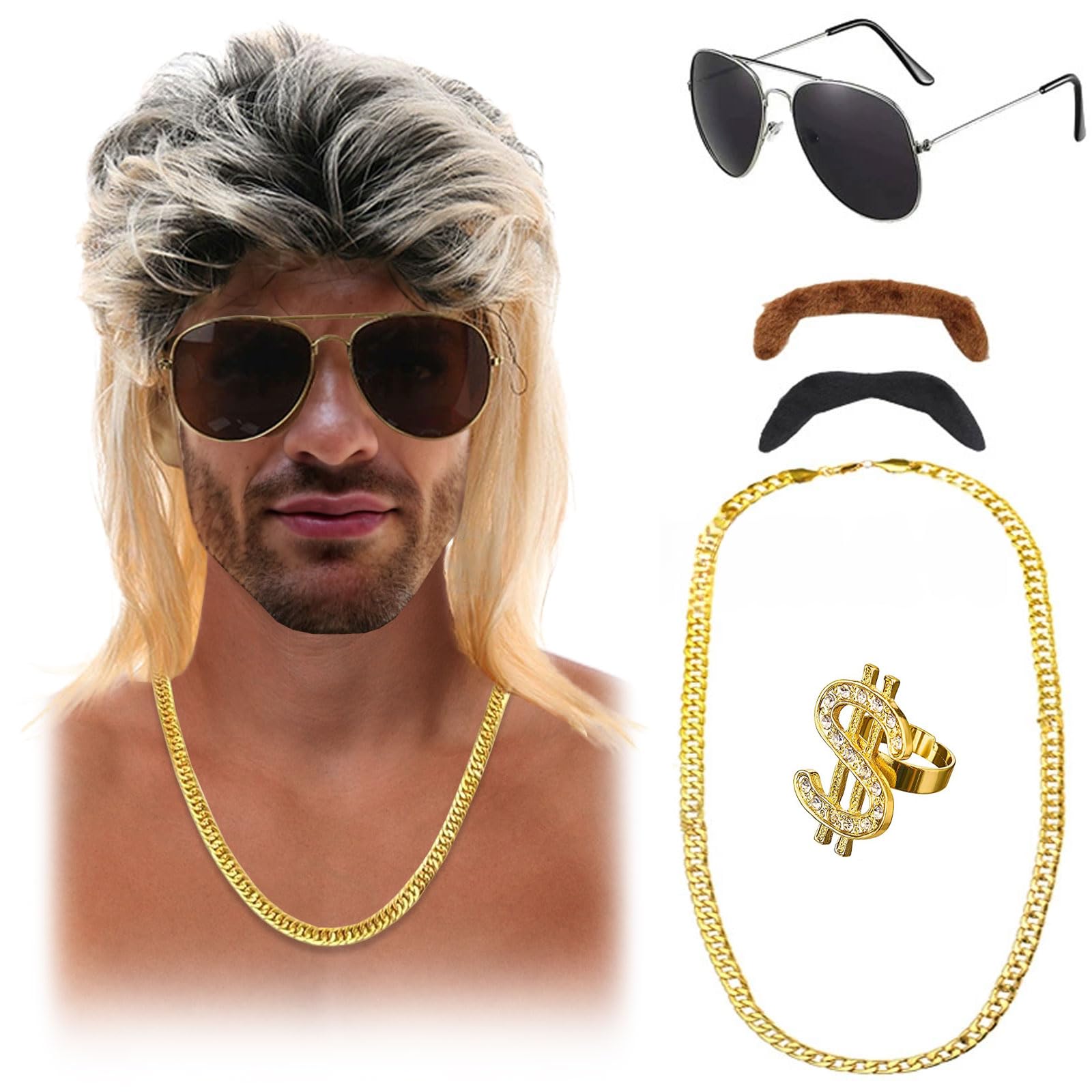 AWAVM 6-piece Retro Carnival 80s Men's Party Set, 70s Vokuhila Wig Necklace Retro Dress Up Set, Carnival, Disco, Music Festival, Cross Dressing Party Black and Gold