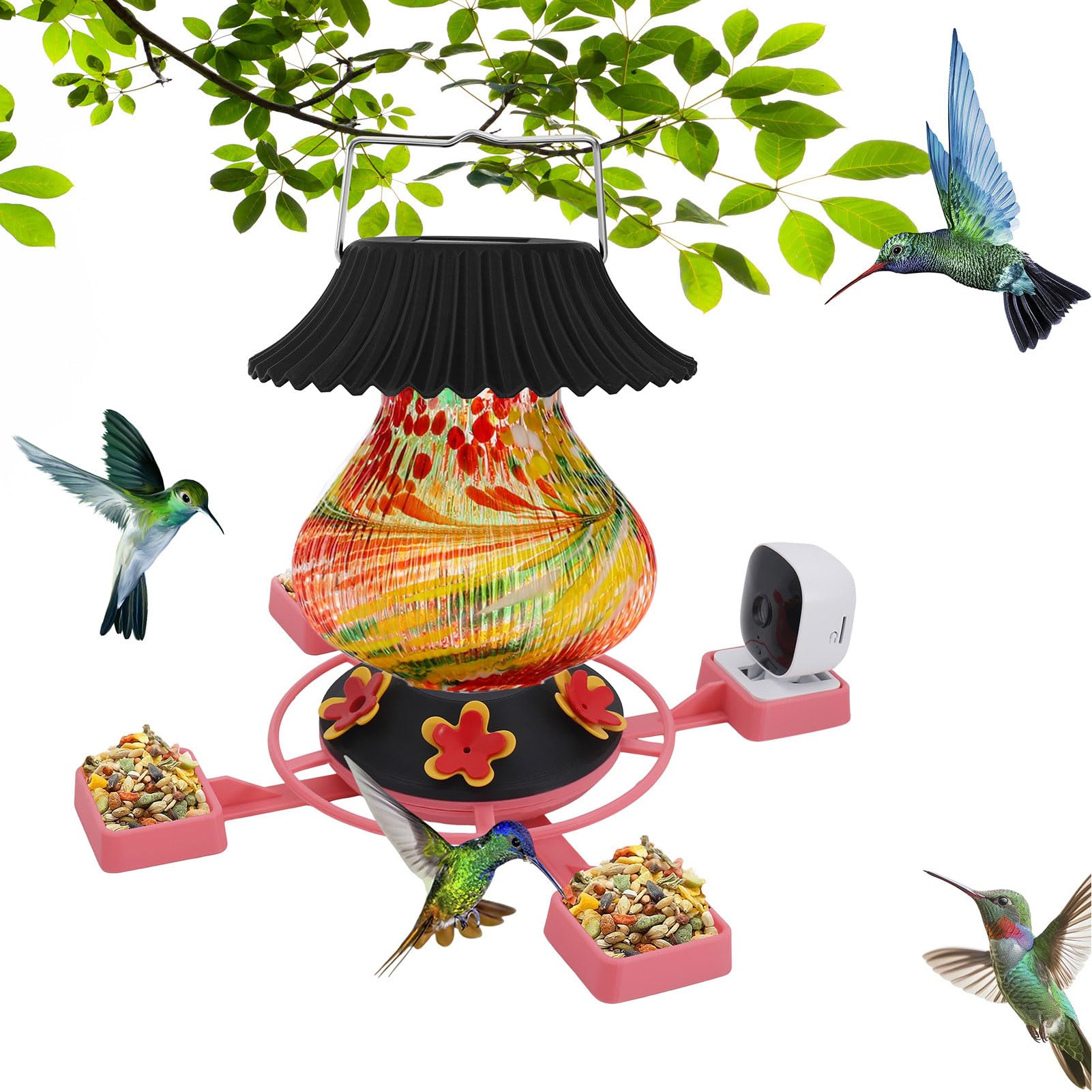 Tnfeeon Mangiatoia per colibrì in Vetro con Fotocamera, Mangiatoia per Uccelli Ad Energia Solare 1080P 120fps Visione Notturna a Infrarossi Barattolo di Nettare Trasparente a Prova di Perdite per