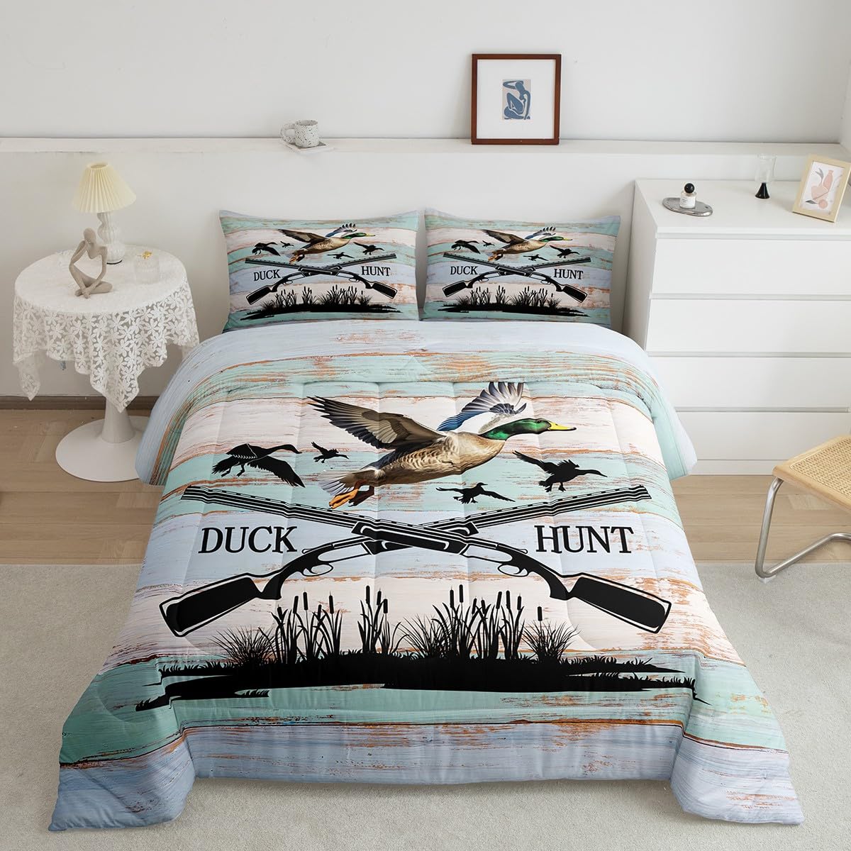 Duck Hunting Comforter Set King Size,Wild Animals Quilt Set,Rustic Farmhouse Style Bedding Set for Kids Boys Men Bedroom Decor Blue Green Vintage