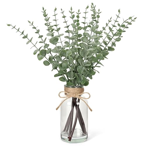 Artificial Eucalyptus in Glass Vase 17.32" - Faux Eucalyptus Stems with Realistic Fake Water, Sage Green Centerpiece for Farmhouse, Wedding, Table Decor, Home Greenery Arrangement Ready to Display