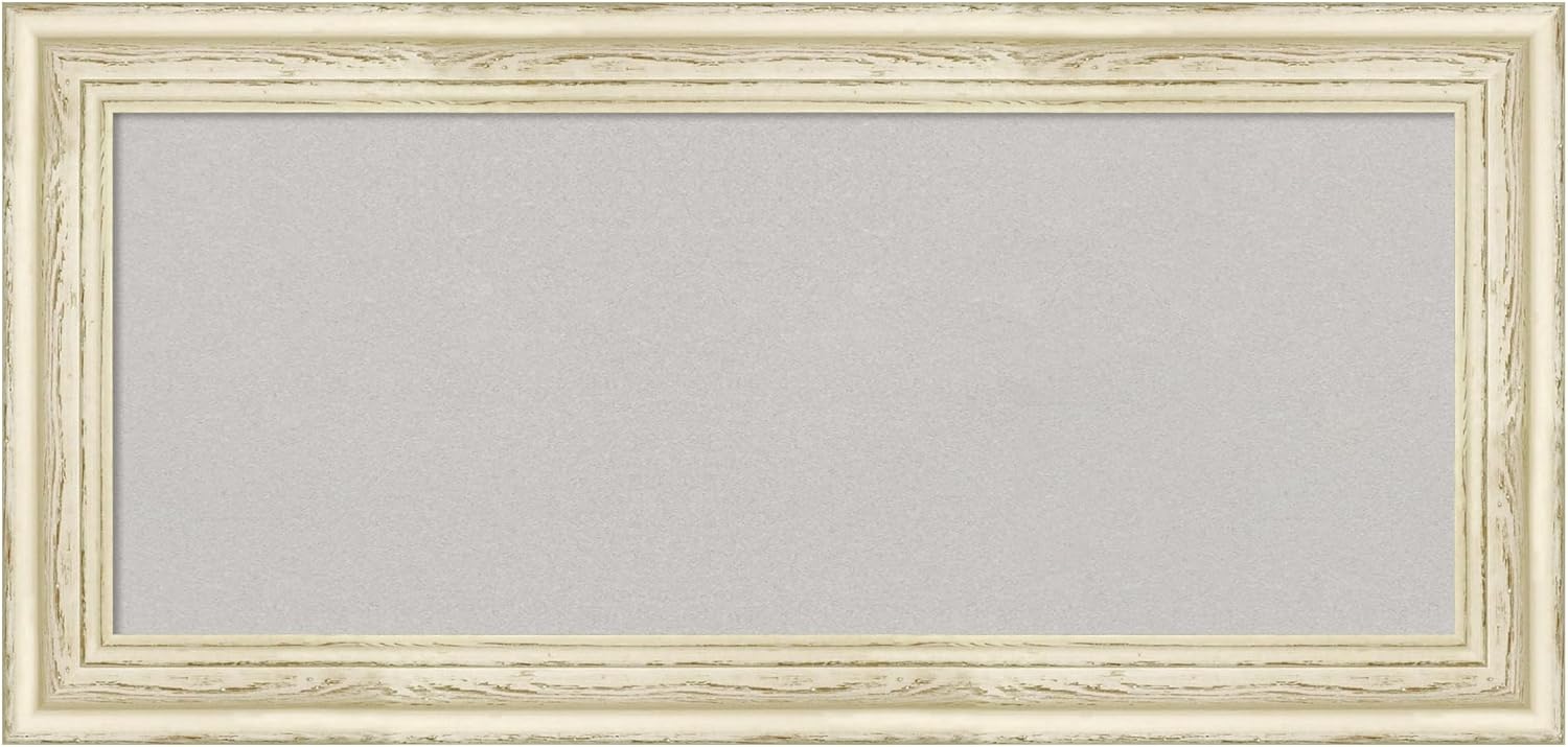 Amanti Art Grey Cork Board for Wall (34 x 16) Bulletin Board with Country White Wash White Wood Frame, Medium Cork Board for Office, Country Rustic Corkboard for Wall, Pin Board from WI, USA