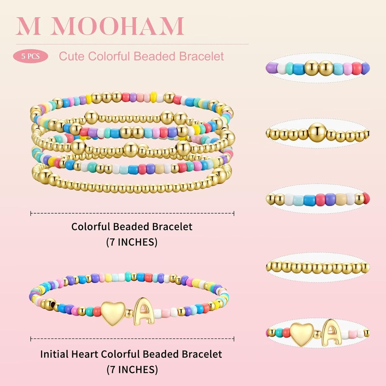 M MOOHAM Girls Bracelets Gifts - 5PCS Colorful Beaded Bracelets Cute Heart Initial Bracelet Stretch Stackable Bracelets Jewelry Set Birthday Gifts for Teen Girls Kids Her Women - Image 8