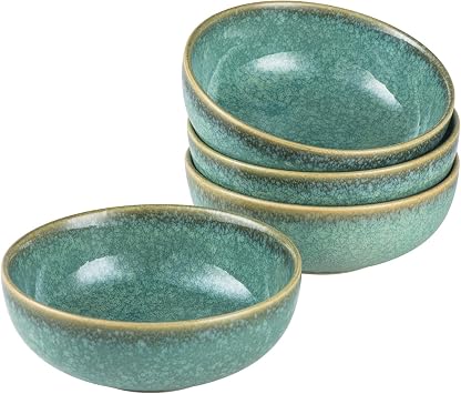 HENXFEN LEAD Ceramic Soup, Cereal Bowls for Kitchen - Serving Bowls 22 OZ for Oatmeal, Fruit, Salad, Rice - Dishwasher Microwave Safe, Set of 4 - Reactive Green
