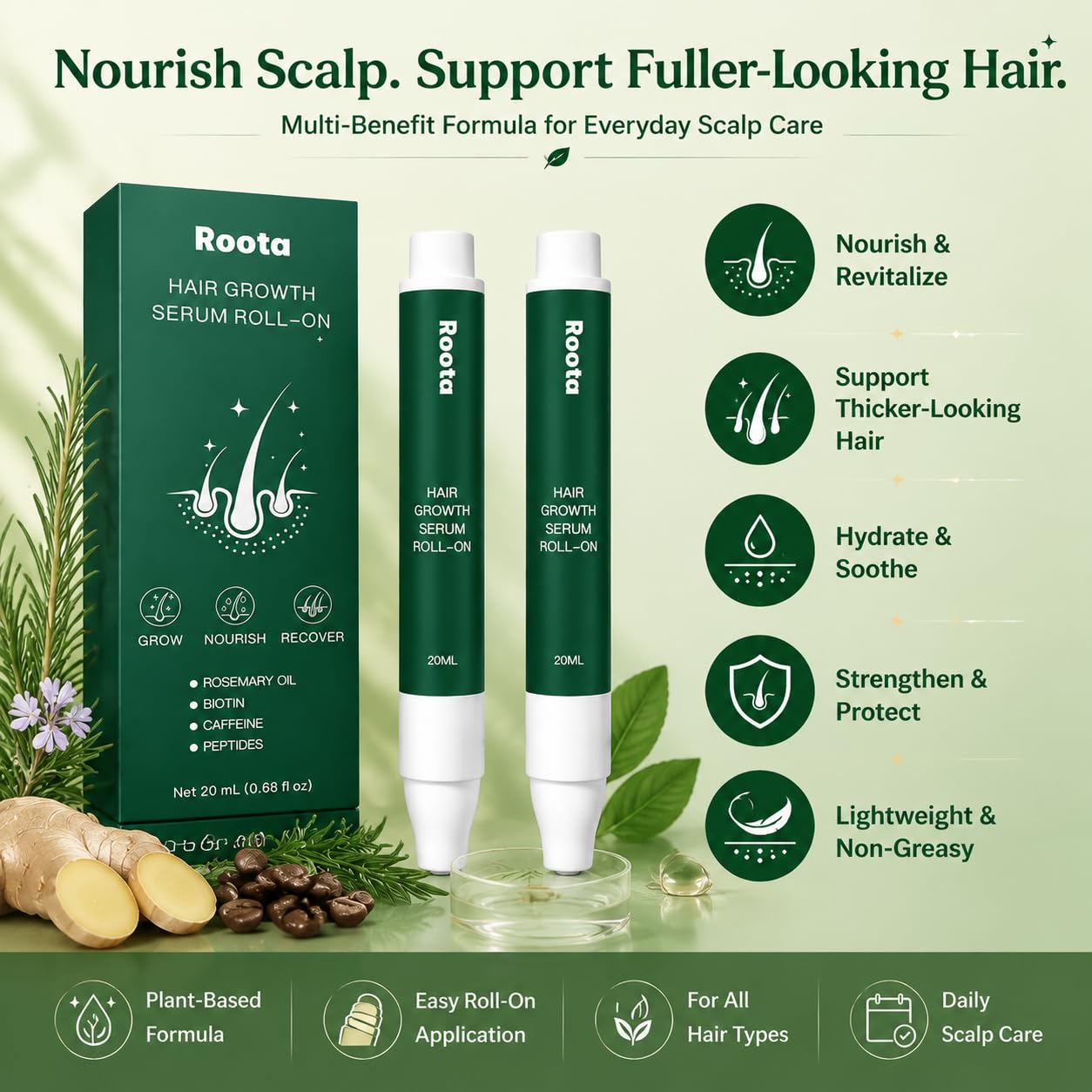 Roota Hair Growth Serum Roll-On, Lightweight Scalp Care Serum for Fuller Looking Hair, Nourishing Roll-On Formula for Daily Hair Care,20ml.