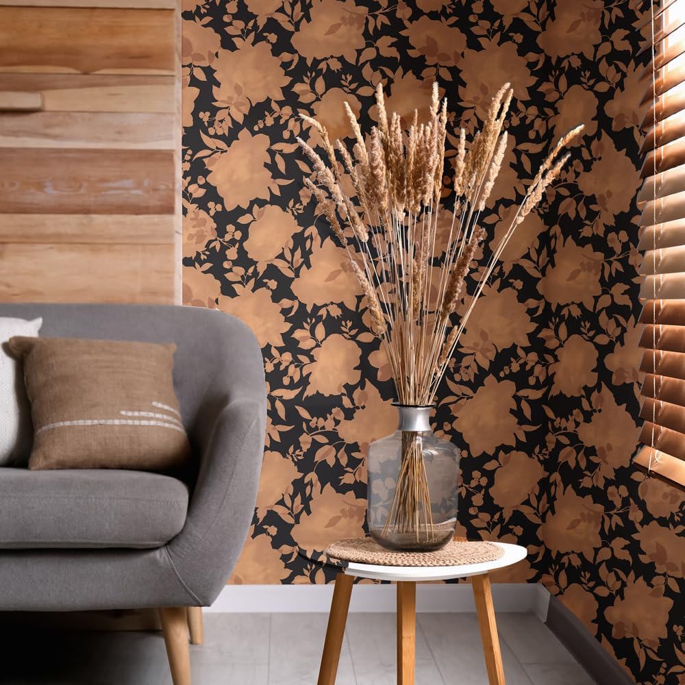 Tempaper Metallic Copper & Black Silhouette Removable Peel and Stick Floral Wallpaper, 20.5 in X 16.5 ft, Made in The USA