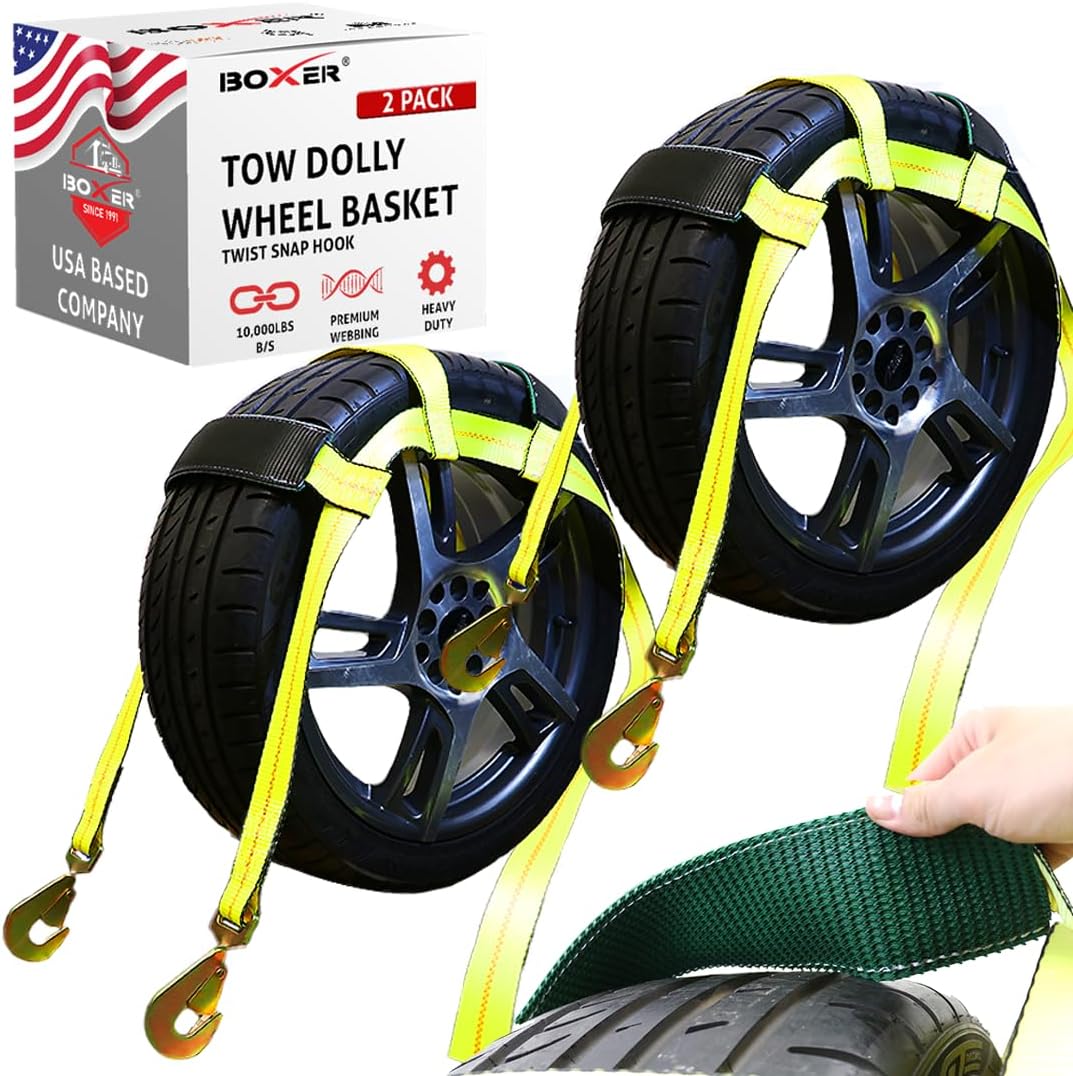 Boxer Tow Dolly Basket Straps with Twisted Snap Hooks and Rubber Sleeve Extra Security 2 Pack – Wheel Bonnet Tie Down System – 15”-19” Tires, 10,000lbs Breaking Strength – Wheel Car Basket