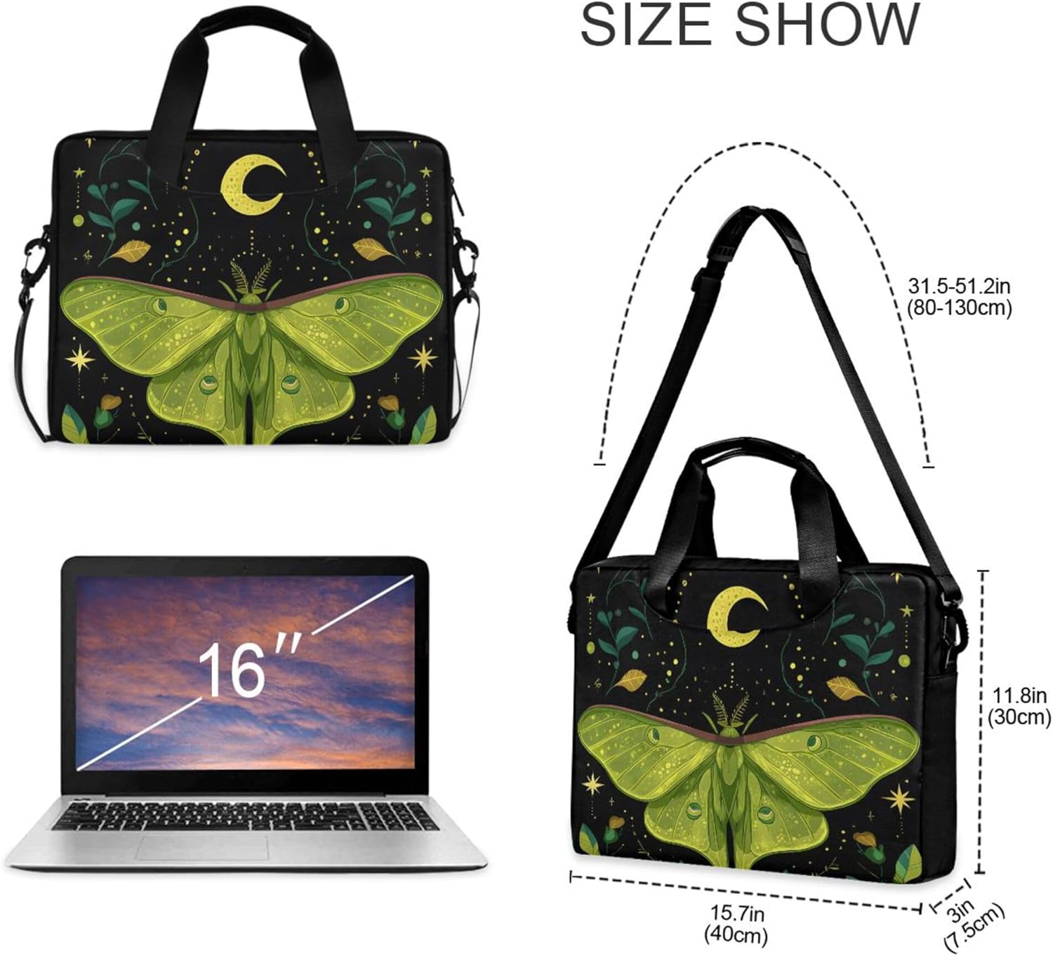 MNSRUU Laptop Bag for 15.6 inch Mystical Green Moth